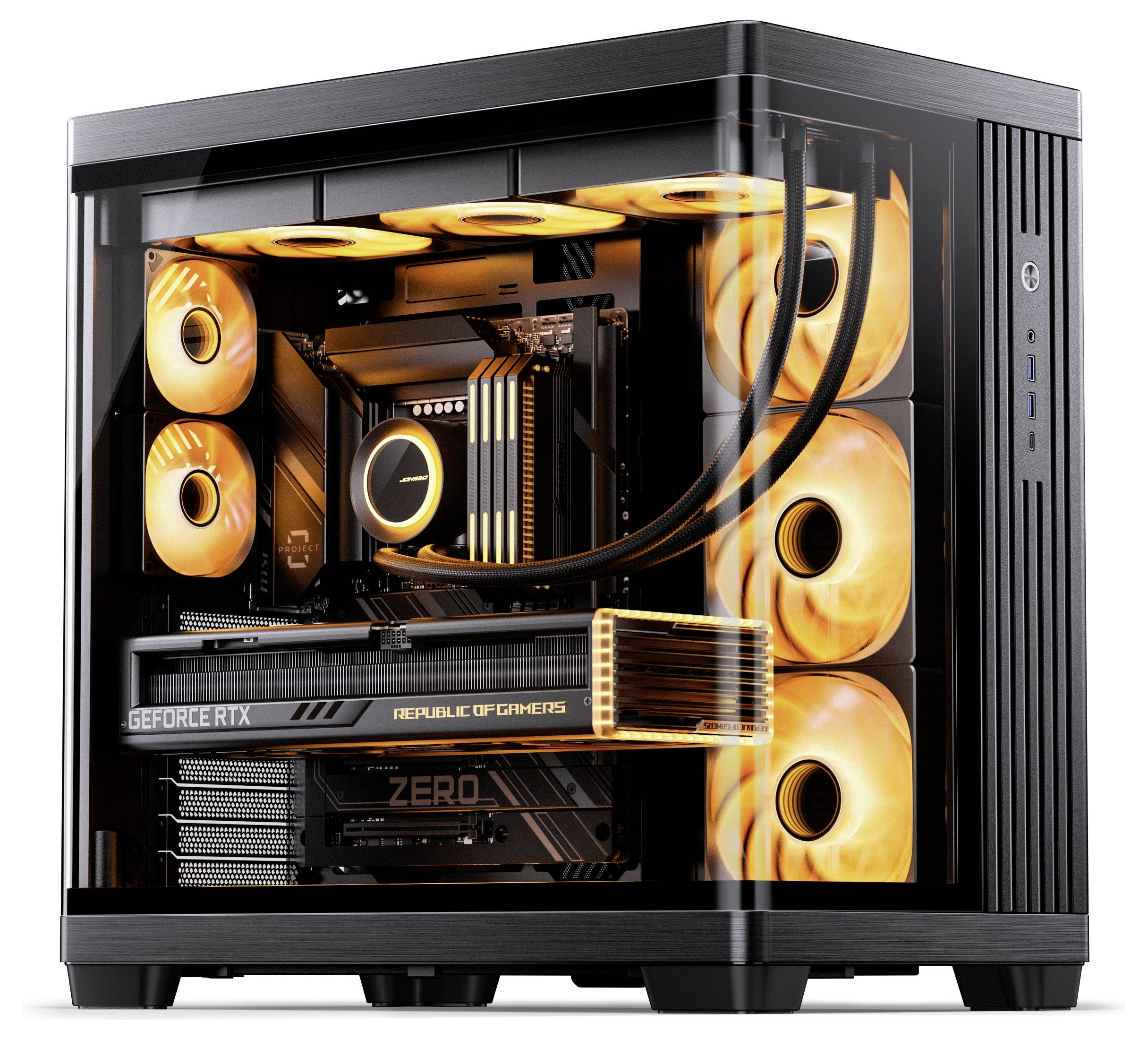Ein schwarz-orangenes Gaming-PC mit einer „GeForce RTX