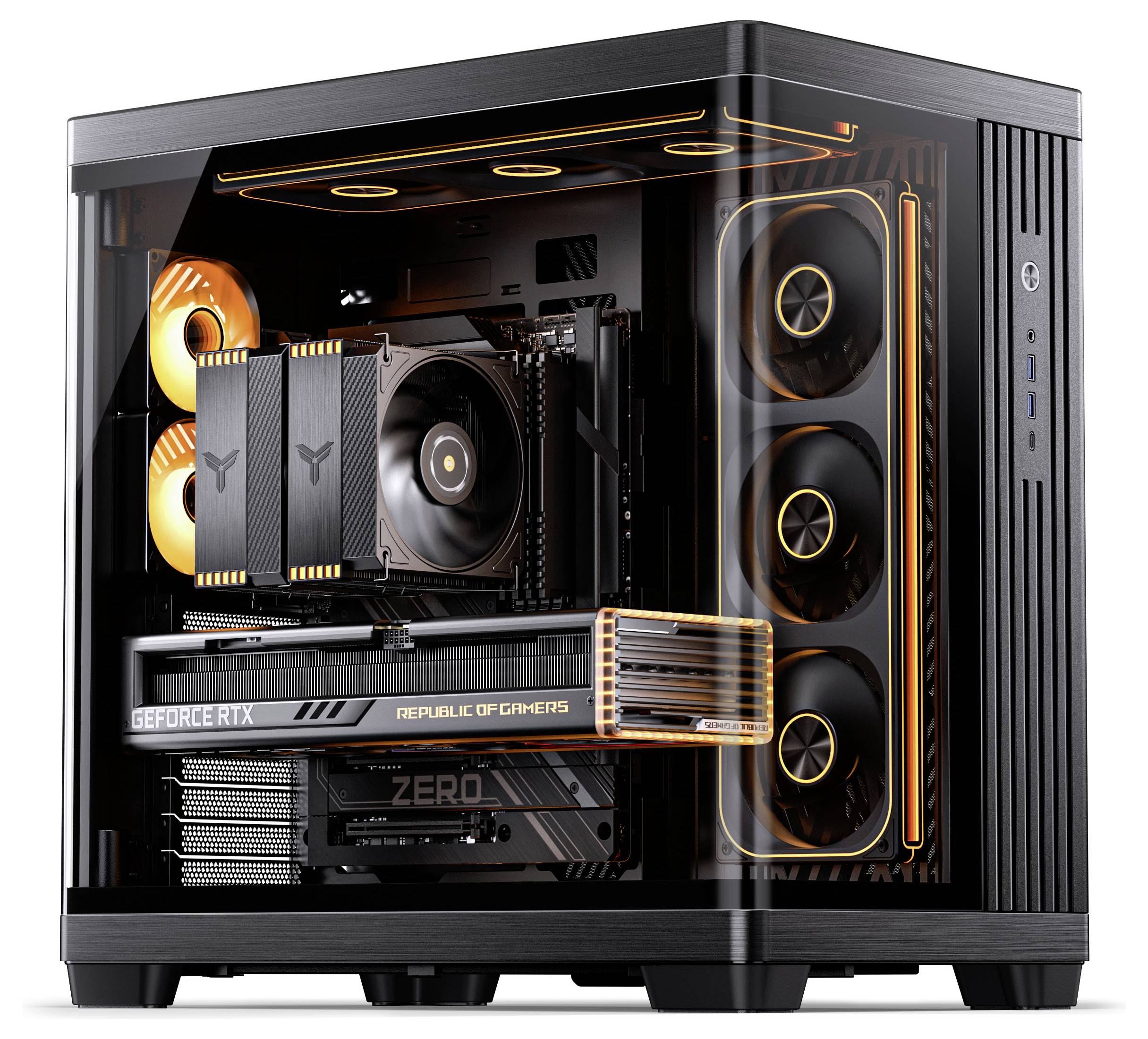 Ein weißer Gaming-PC mit transparentem Seitenpaneel zeigt leuchtende Lüfter und Flüssigkeitskühlungsrohre, die in rosa und violetten Lichtern leuchten.