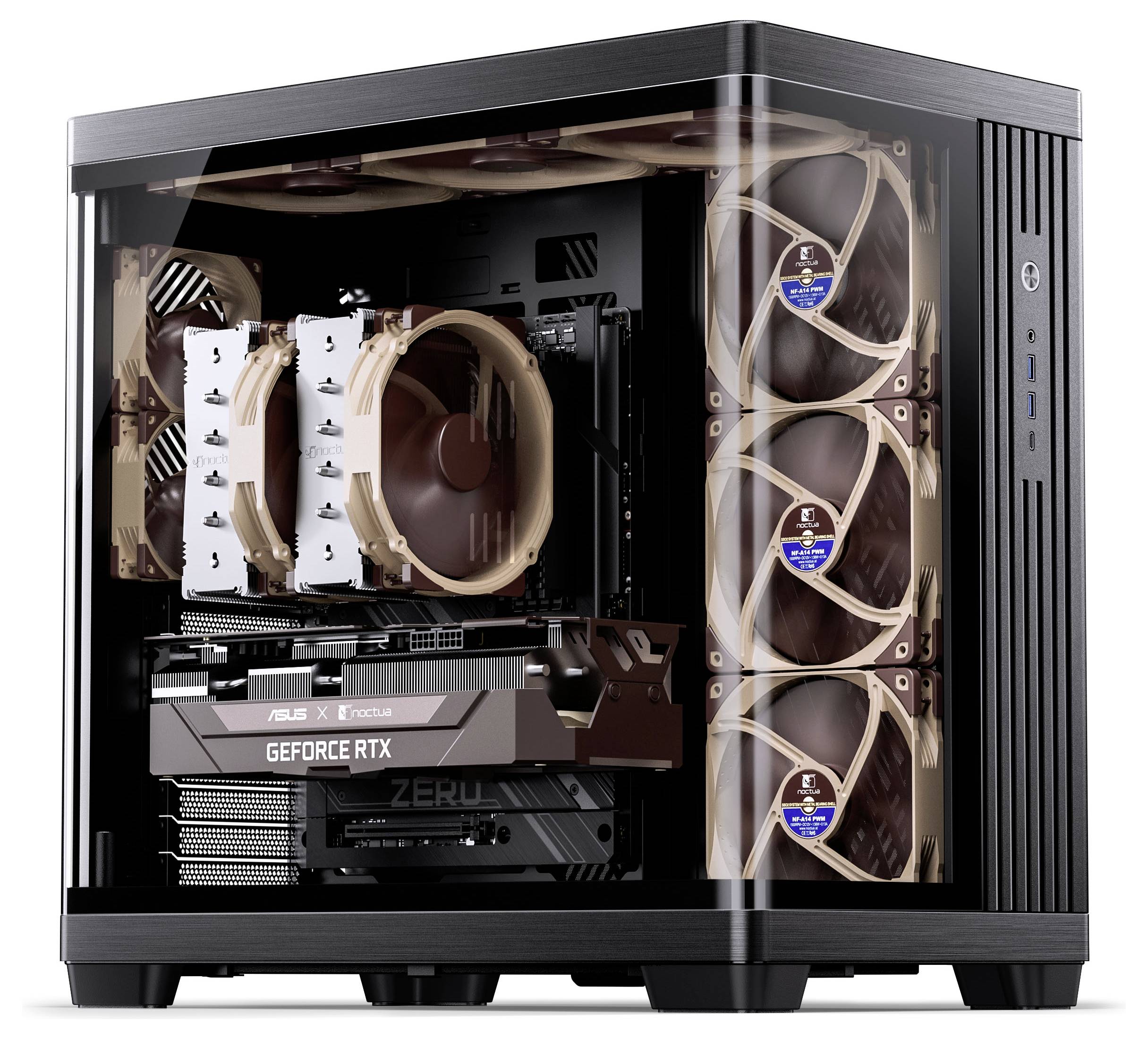 Ein hochwertiger Computer-Turm mit transparentem Seitenpaneel, das Innenkomponenten wie die GEFORCE RTX Grafikkarte und mehrere Kühlventilatoren offenbart.