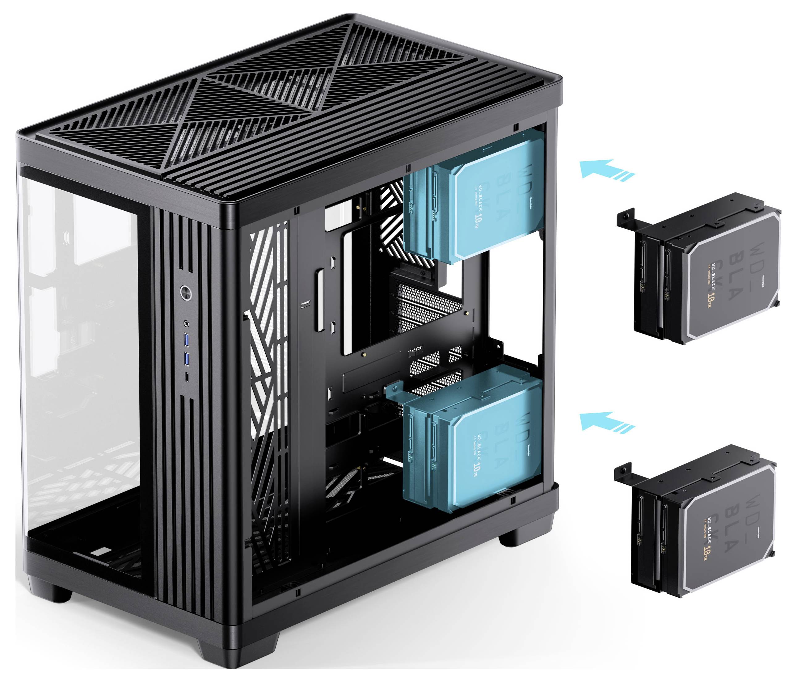 Ein Computerlüfter mit RGB-Beleuchtung, der einen Farbverlauf von Gelb über Grün zu Blau anzeigt. Der zentrale Hub trägt die Aufschrift „Möglichkeiten ermöglichen