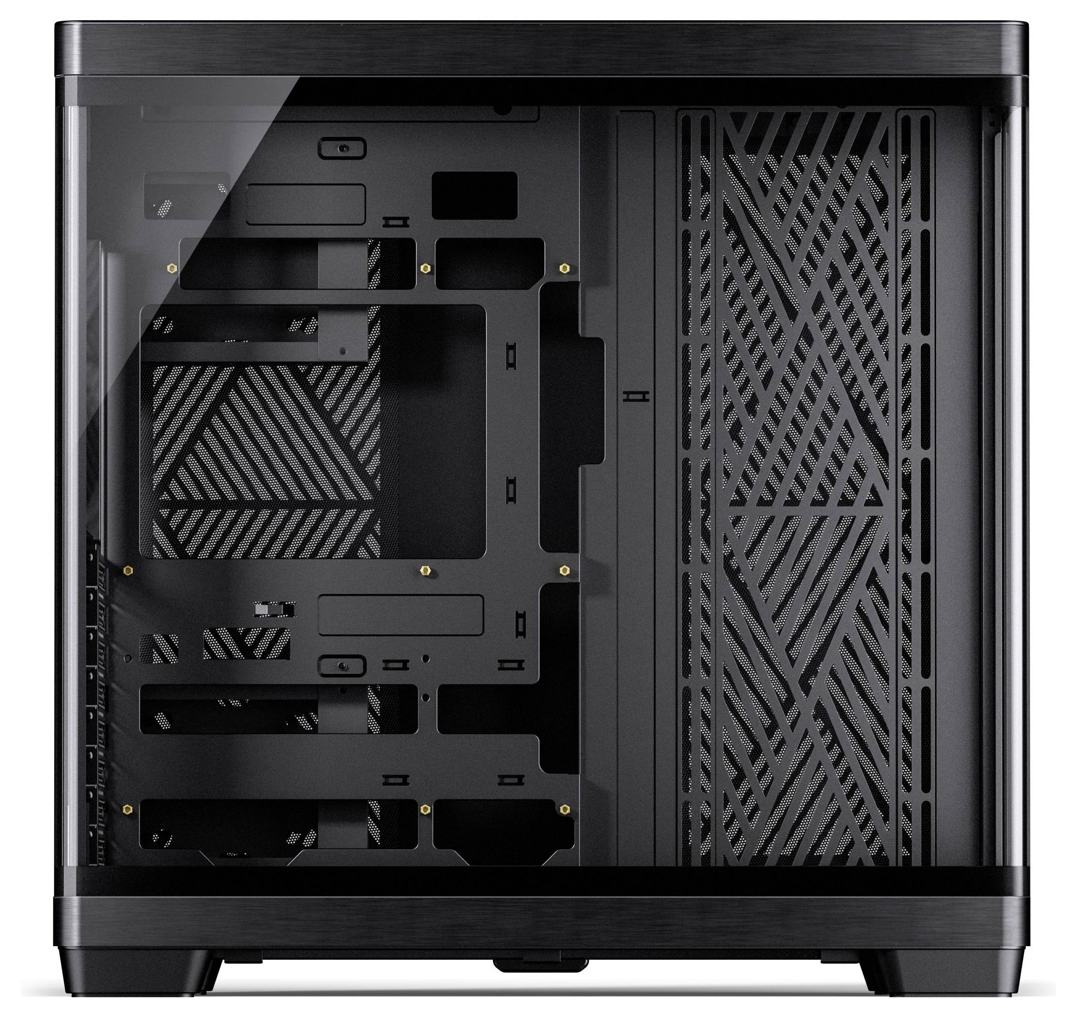 Ein schlankes, schwarzes Computergehäuse mit transparentem Seitenpanel, das einen leeren Innenraum zur Schau stellt, der für benutzerdefinierte PC-Builds konzipiert ist.