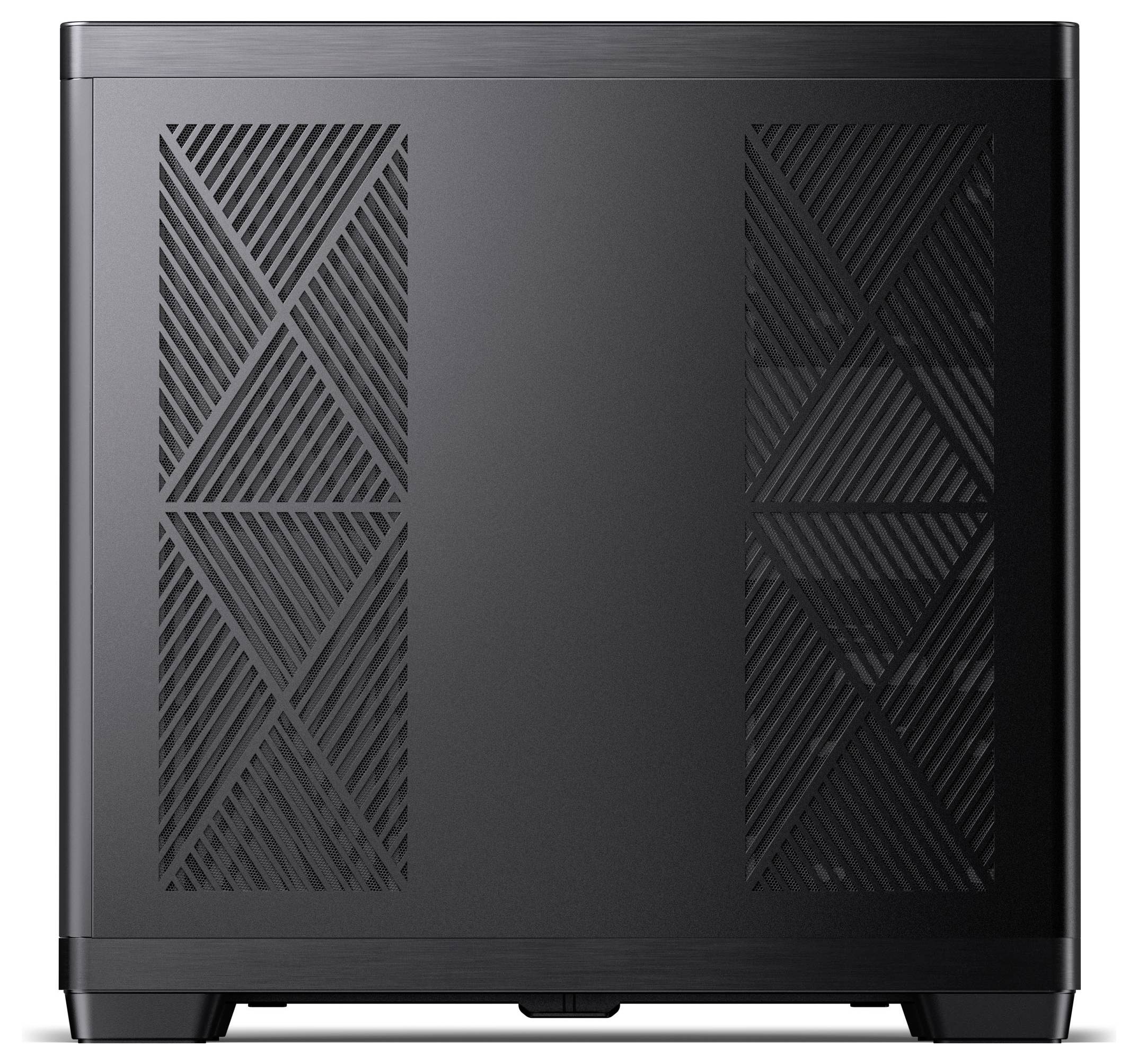 Ein schwarzes Computergehäuse mit geometrisch gemusterten Belüftungspanelen an den Seiten, entwickelt für verbesserten Luftfluss.