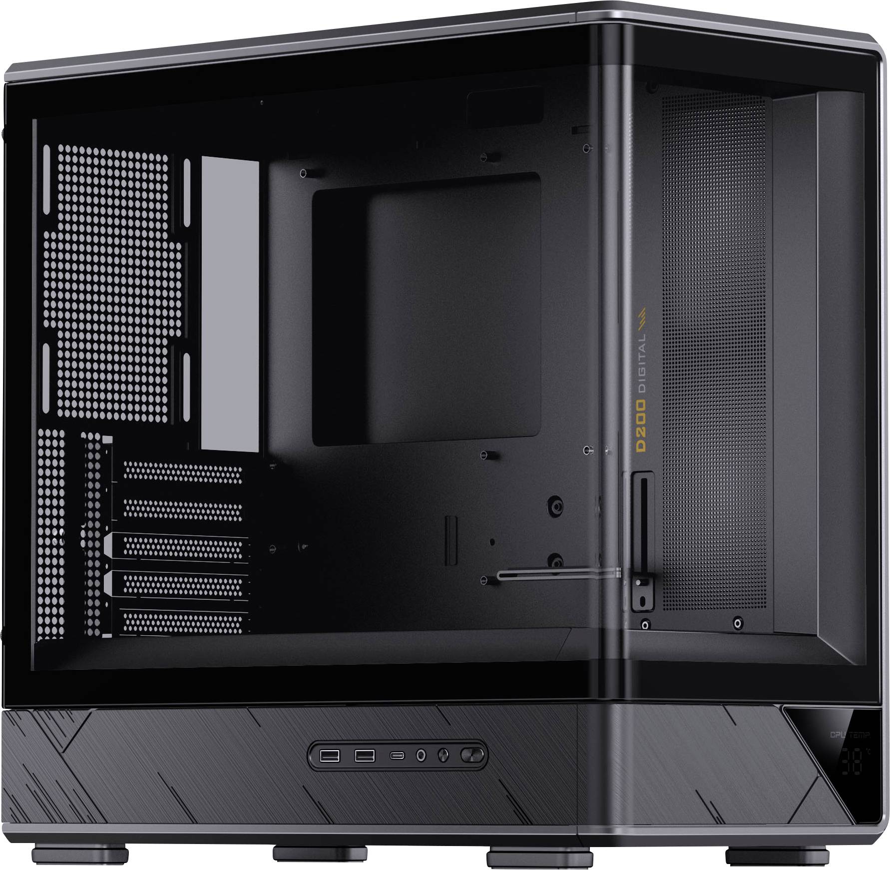 Ein schwarzes, würfelförmiges Computergehäuse mit einem Glasseitenpanel, das Erweiterungssteckplätze und Belüftung zeigt, beschriftet mit „O200 DM22