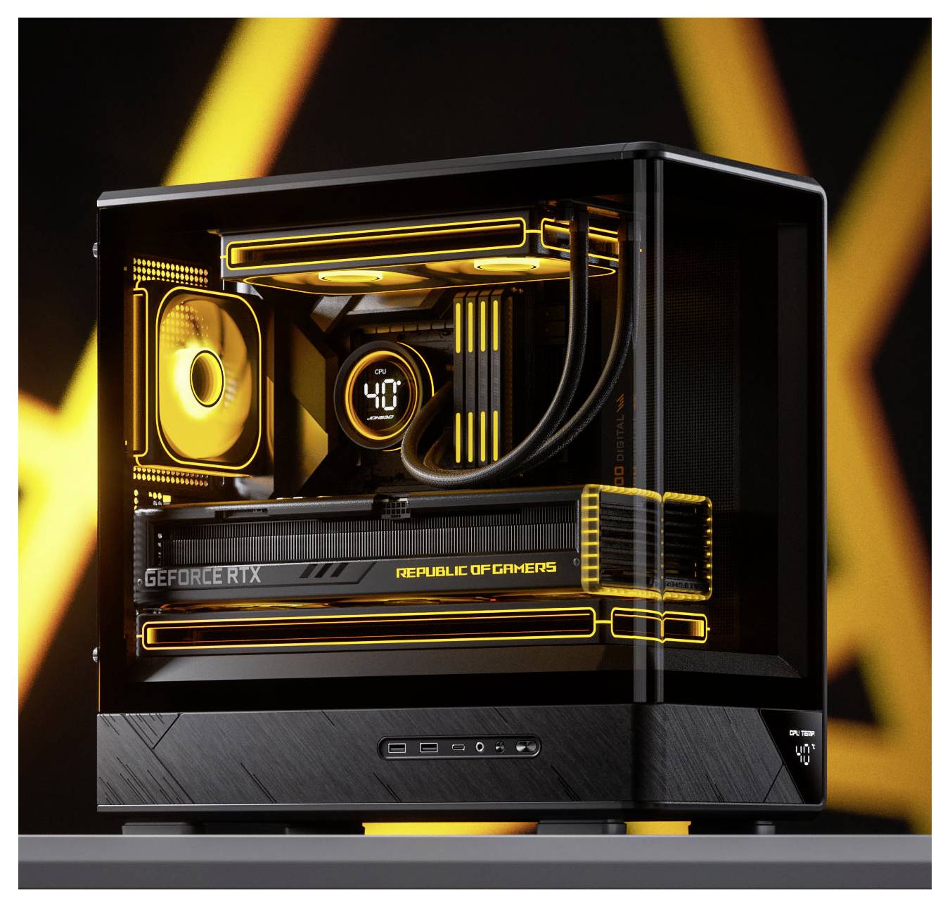 Ein moderner Desktop-Computer mit transparentem Seitenpanel, der eine leistungsstarke Grafikkarte und lebendige orangefarbene LED-Beleuchtung im Inneren zeigt.