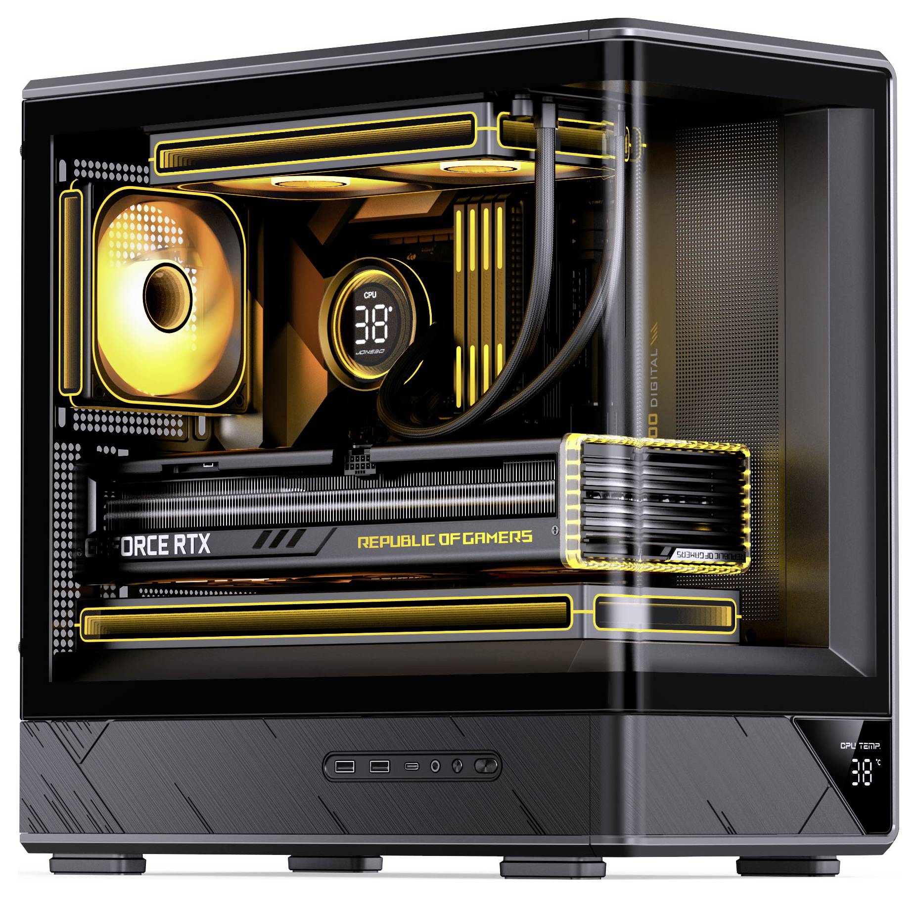 Ein schwarzes, rechteckiges Gaming-PC-Gehäuse mit transparenter Seitenwand, beleuchtet durch orange und gelbe LED-Beleuchtung, die interne Komponenten wie die GPU zur Schau stellt.