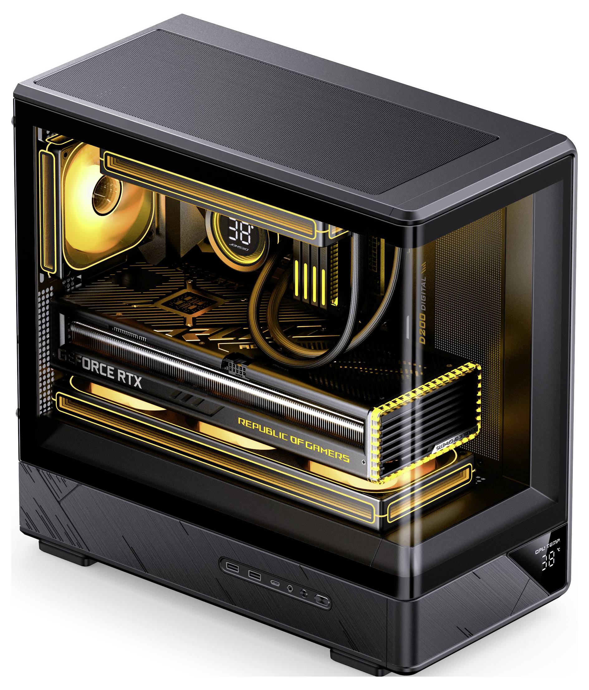 Ein eleganter Desktop-Computer mit sichtbaren internen Komponenten, der prominente 