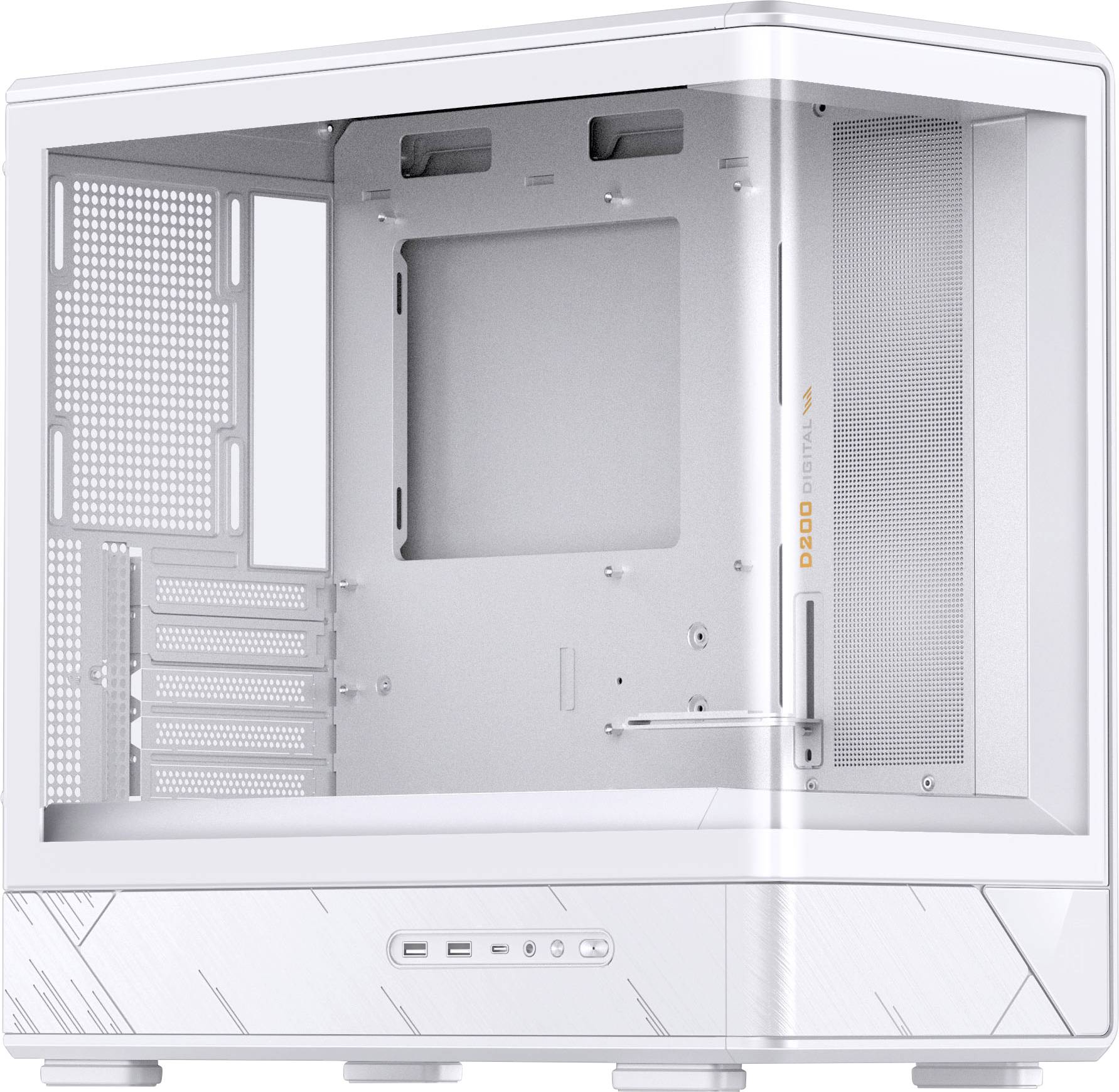 Ein weißes, kompaktes Computergehäuse mit transparentem Seitenpanel. Es verfügt über mehrere Erweiterungssteckplätze und vorne angebrachte USB-Anschlüsse am unteren Rand.