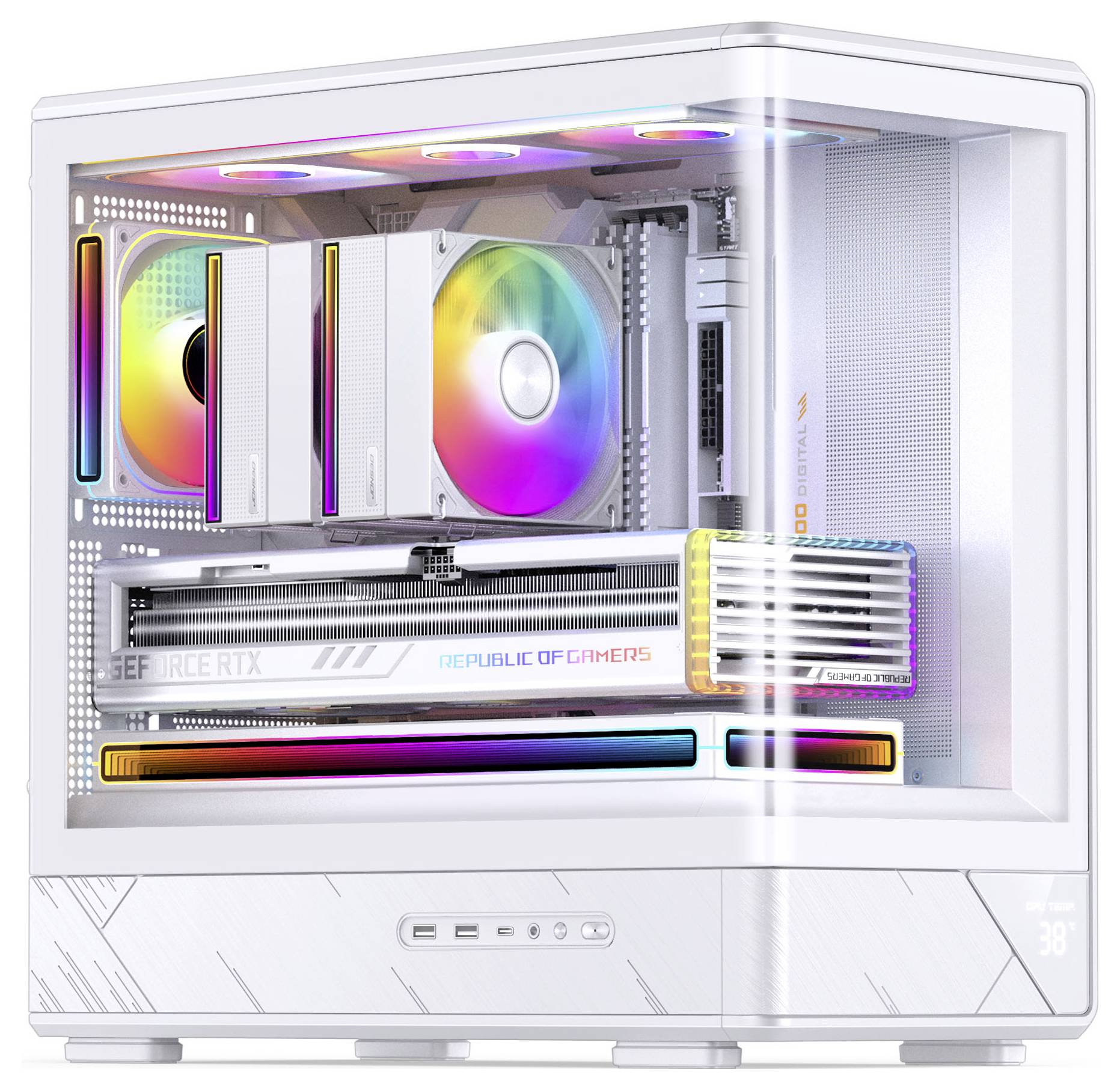 Weiches Computer-Kühlsystem mit drei Lüftern mit mehrfarbigen LED-Leuchten und einem runden Wasserkühler.