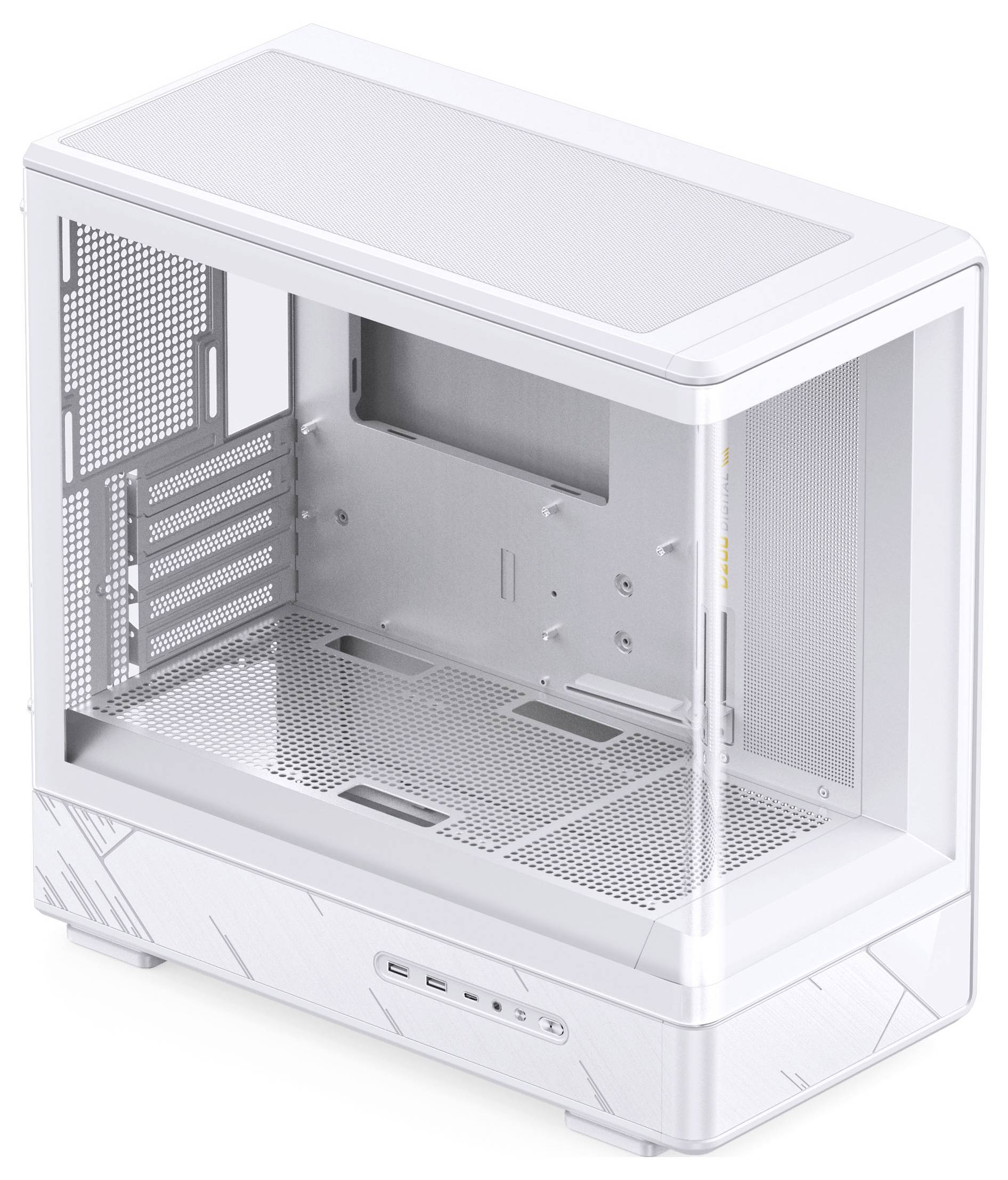 Ein weißes Computergehäuse mit transparenten Seitenpanelen, das mehrere Steckplätze für Komponenten und ein Netzgitter oben zur Belüftung zeigt.