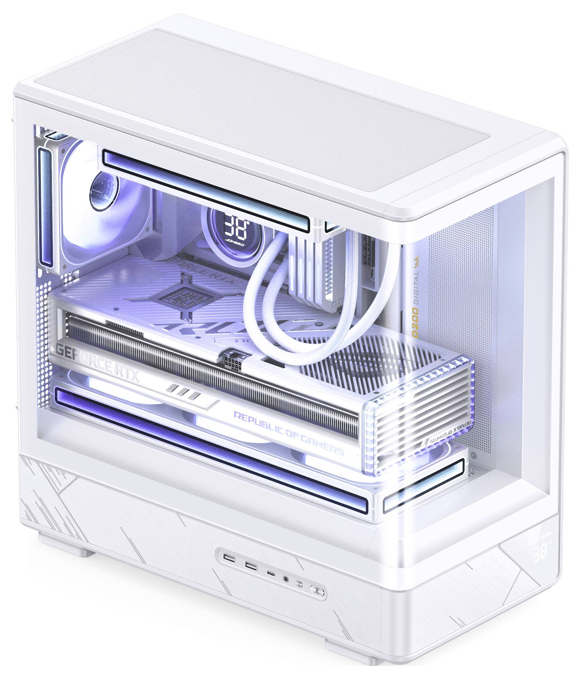 Ein weißes, modernes Desktop-Computer-Gehäuse mit Seitenfenster, das die leuchtenden internen Komponenten zeigt, einschließlich Kühlventilatoren und einer Grafikkarte.