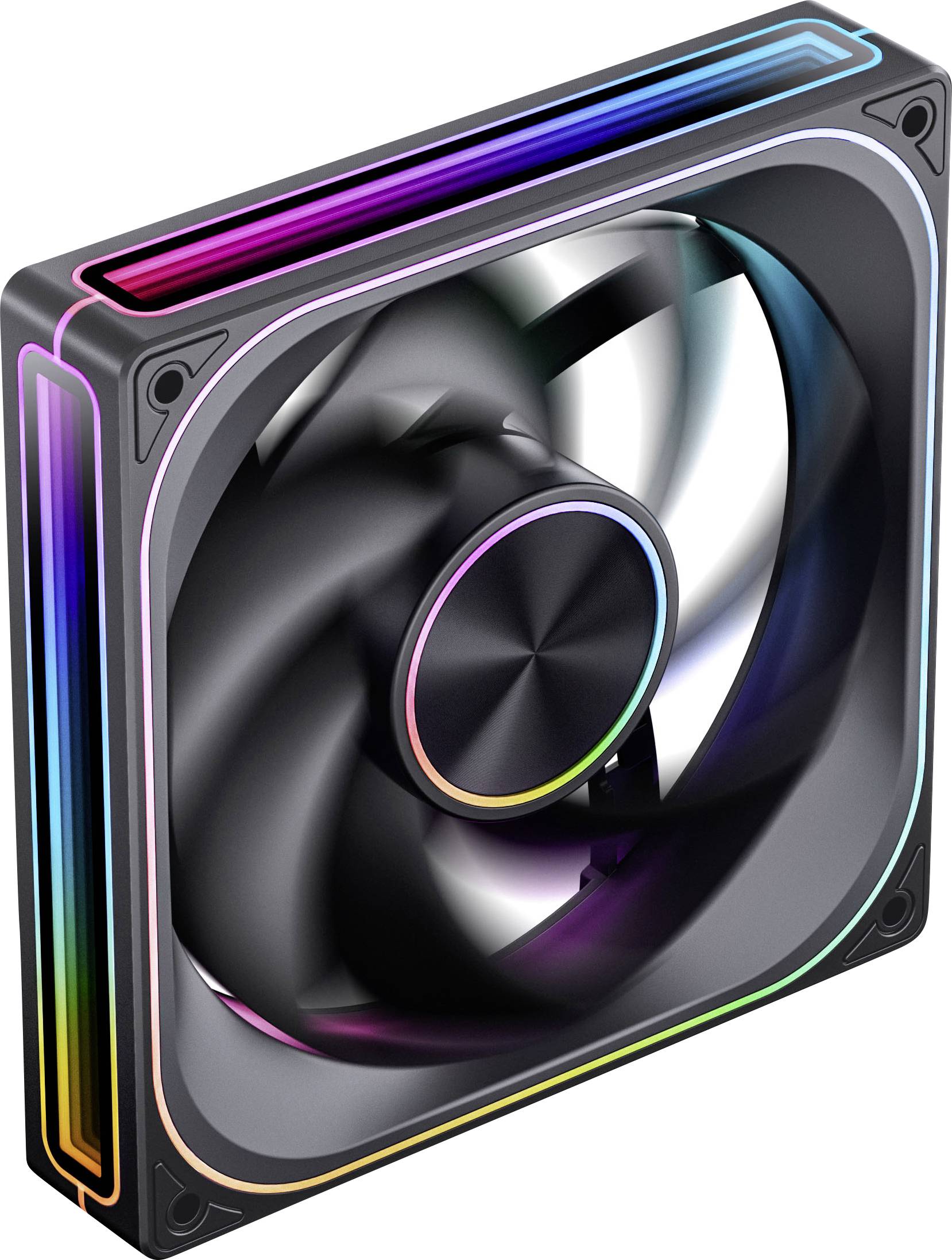 Ein PC-Kühlungslüfter mit mehrfarbiger LED-Beleuchtung entlang der Kanten und einem schwarzen Rahmen, der sein ästhetisches und funktionales Design unterstreicht.