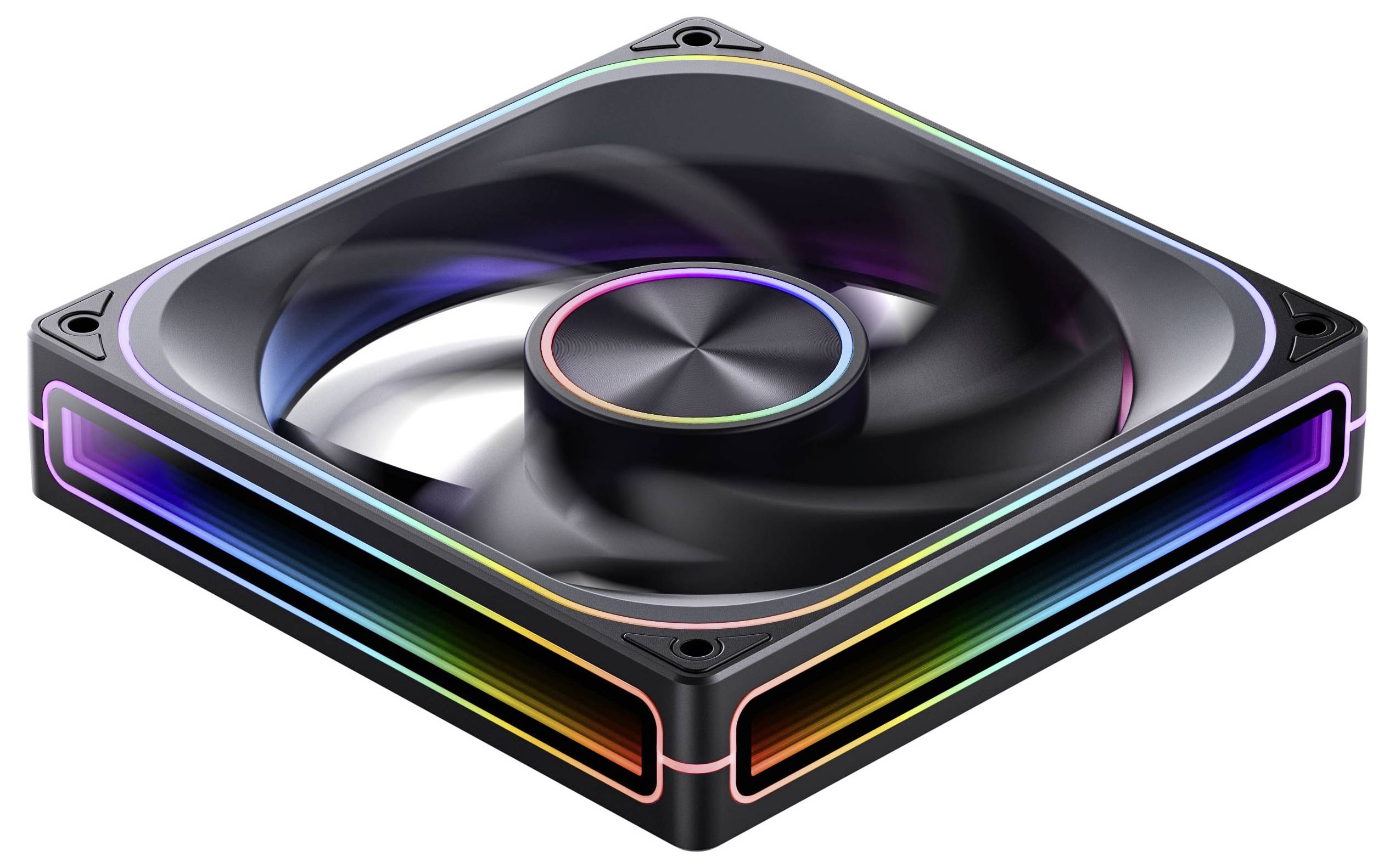 Ein schwarzes rechteckiges elektronisches Gehäuse mit sichtbaren Belüftungslöchern und Fächern zur Montage von elektronischen Komponenten.