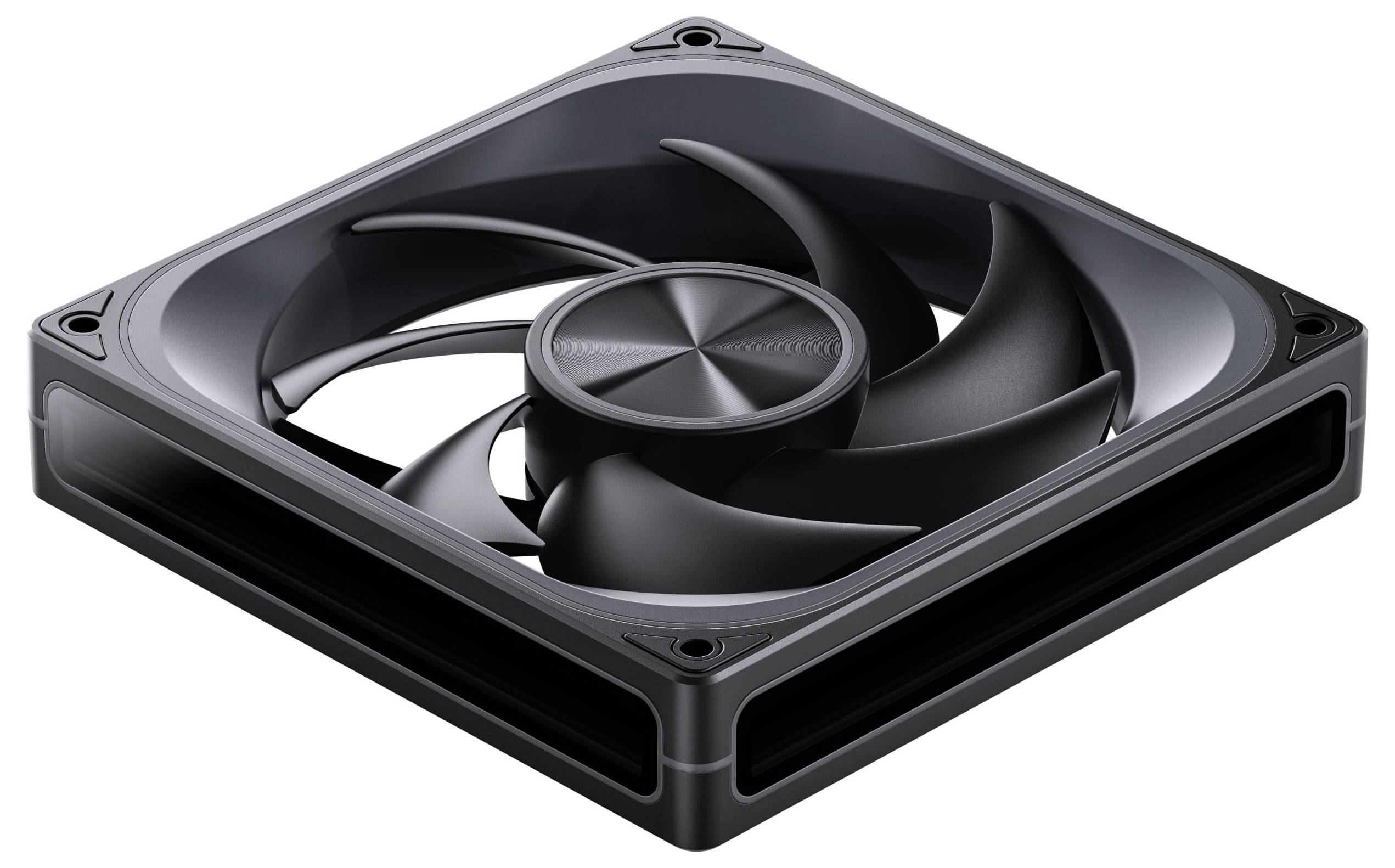 Ein schwarzer Computer-Kühlventilator mit quadratischem Rahmen und gekrümmten Schaufeln, entwickelt zur Wärmeableitung in elektronischen Geräten.
