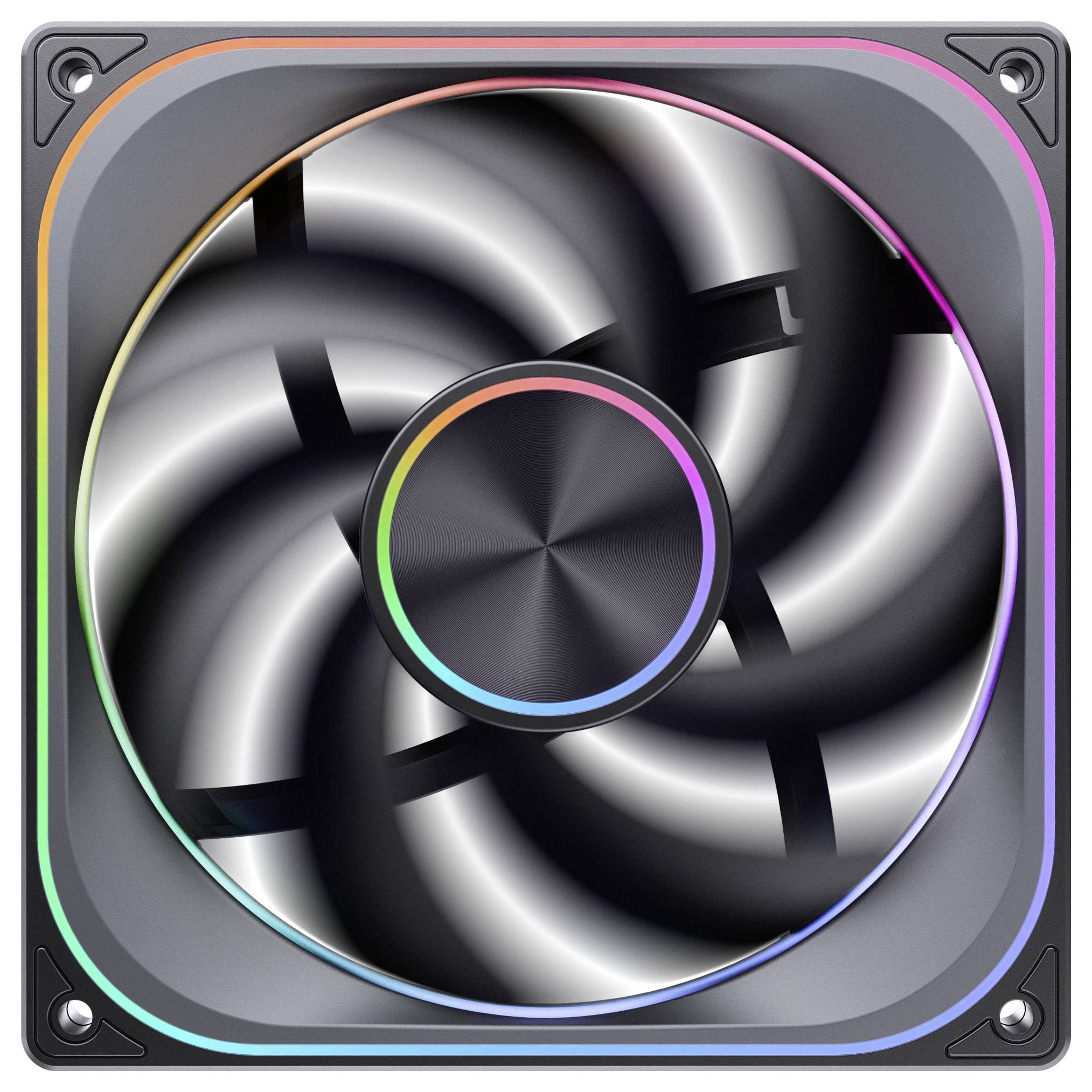 RGB-Computerlüfter mit leuchtendem Rahmen und rotierenden Blättern in einem quadratischen grauen Gehäuse.