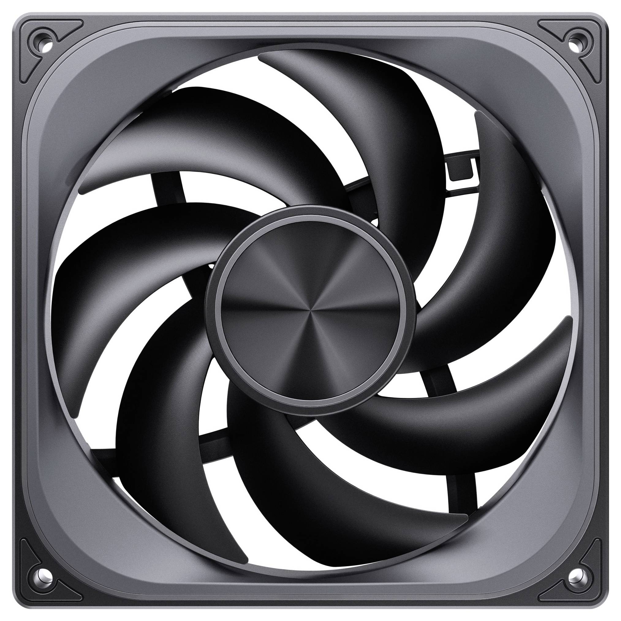 Ein schwarzer Computer-Kühlventilator mit sieben Blättern in einem quadratischen Rahmen, typischerweise zur Temperaturabsenkung in elektronischen Geräten verwendet.