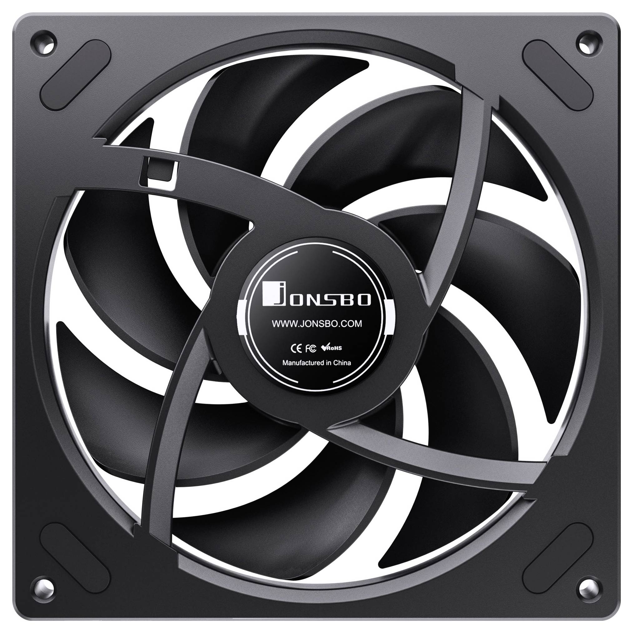 Ein schwarzer Computerlüfter mit gekrümmten Blättern, in der Mitte mit 