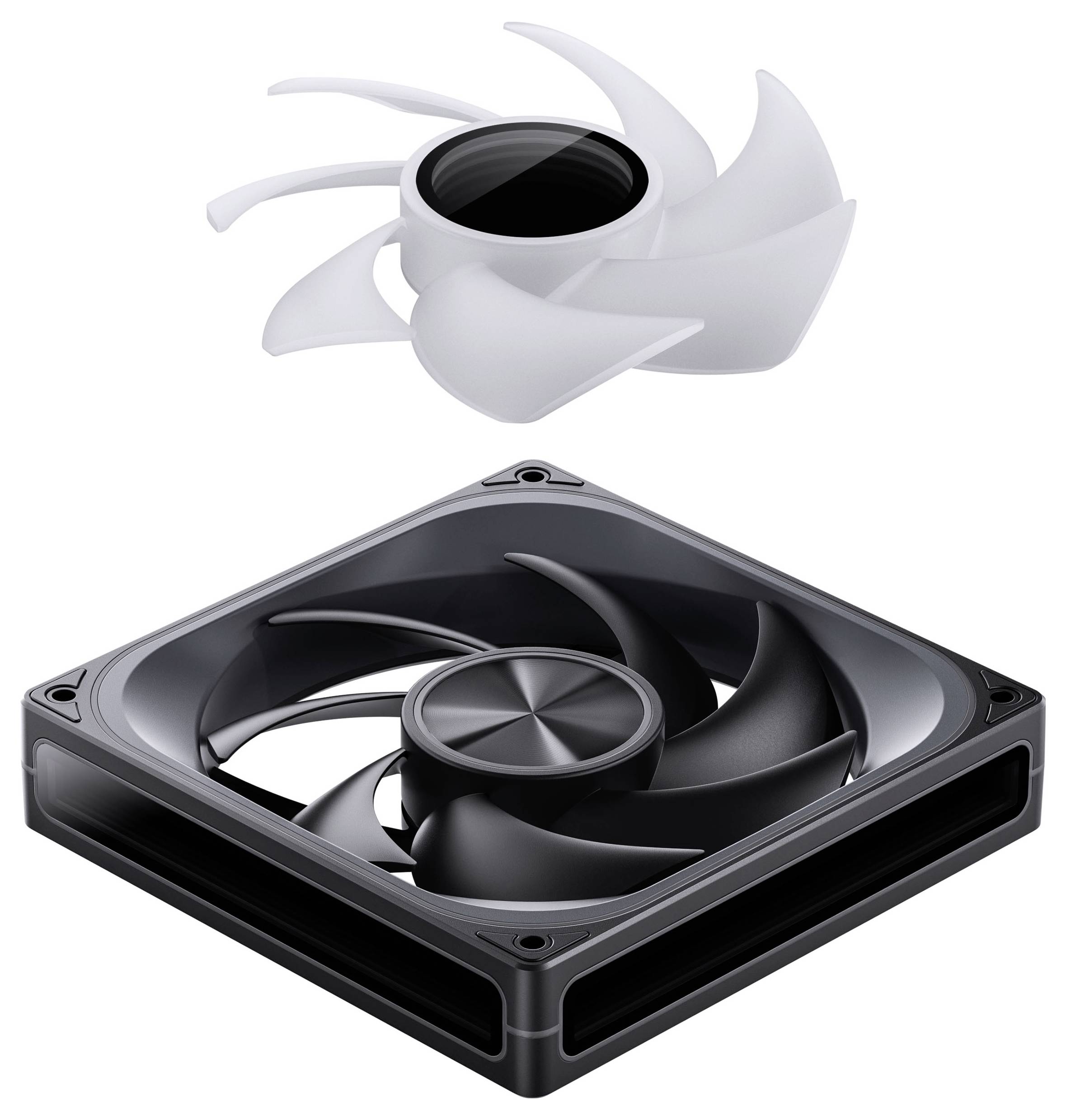 Eine digitale Illustration einer Computerlüfteranordnung, die einen abgelösten schwarzen Lüfter zeigt, der in ein quadratisches schwarzes Gehäuse eingesetzt ist, mit einem separaten weißen Blatt oben.