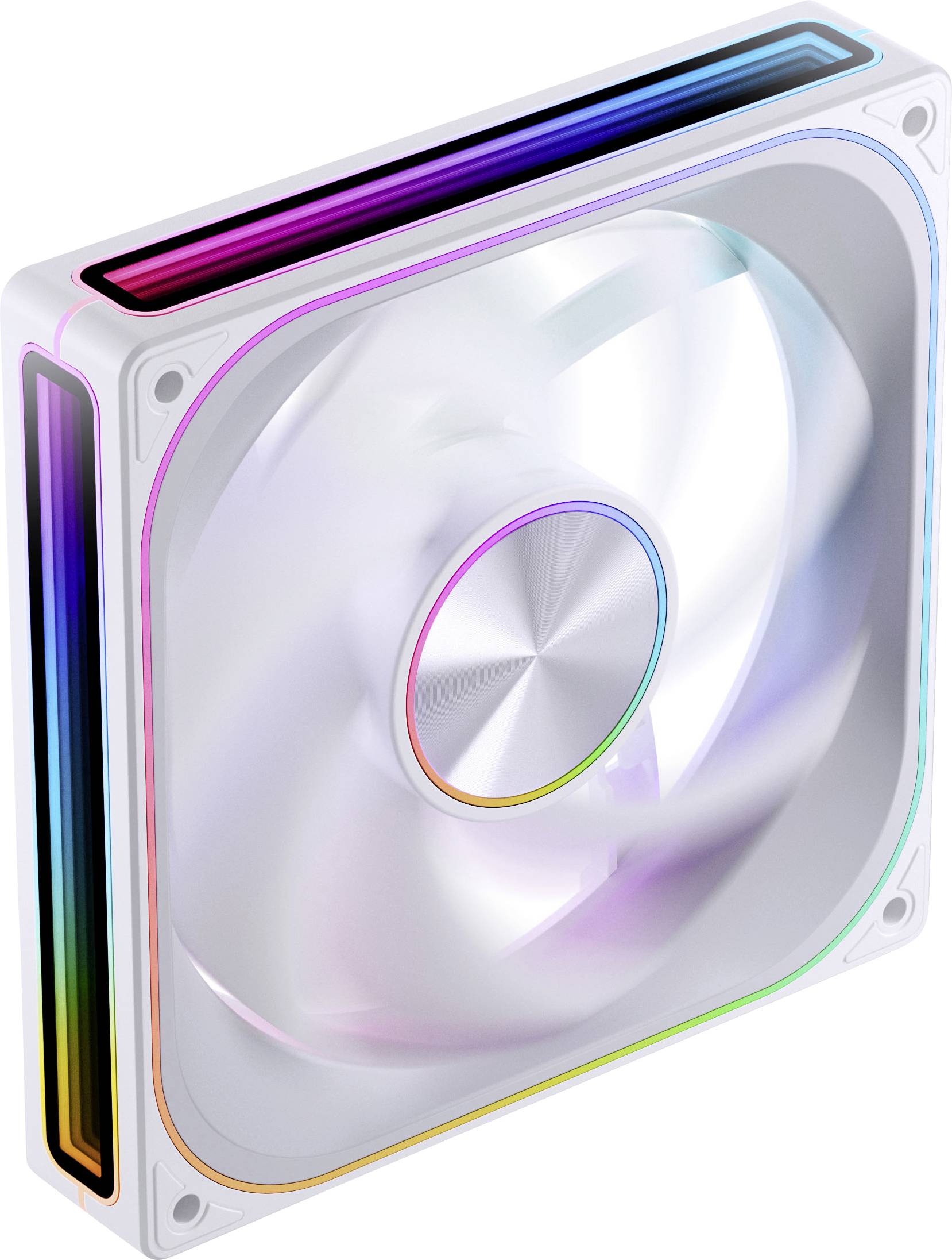 Ein weißer Computer-Kühlüfter mit regenbogenfarbiger LED-Beleuchtung am Rahmen, aus leicht schrägem Blickwinkel fotografiert, wobei die rotierenden Blätter im Inneren sichtbar sind.