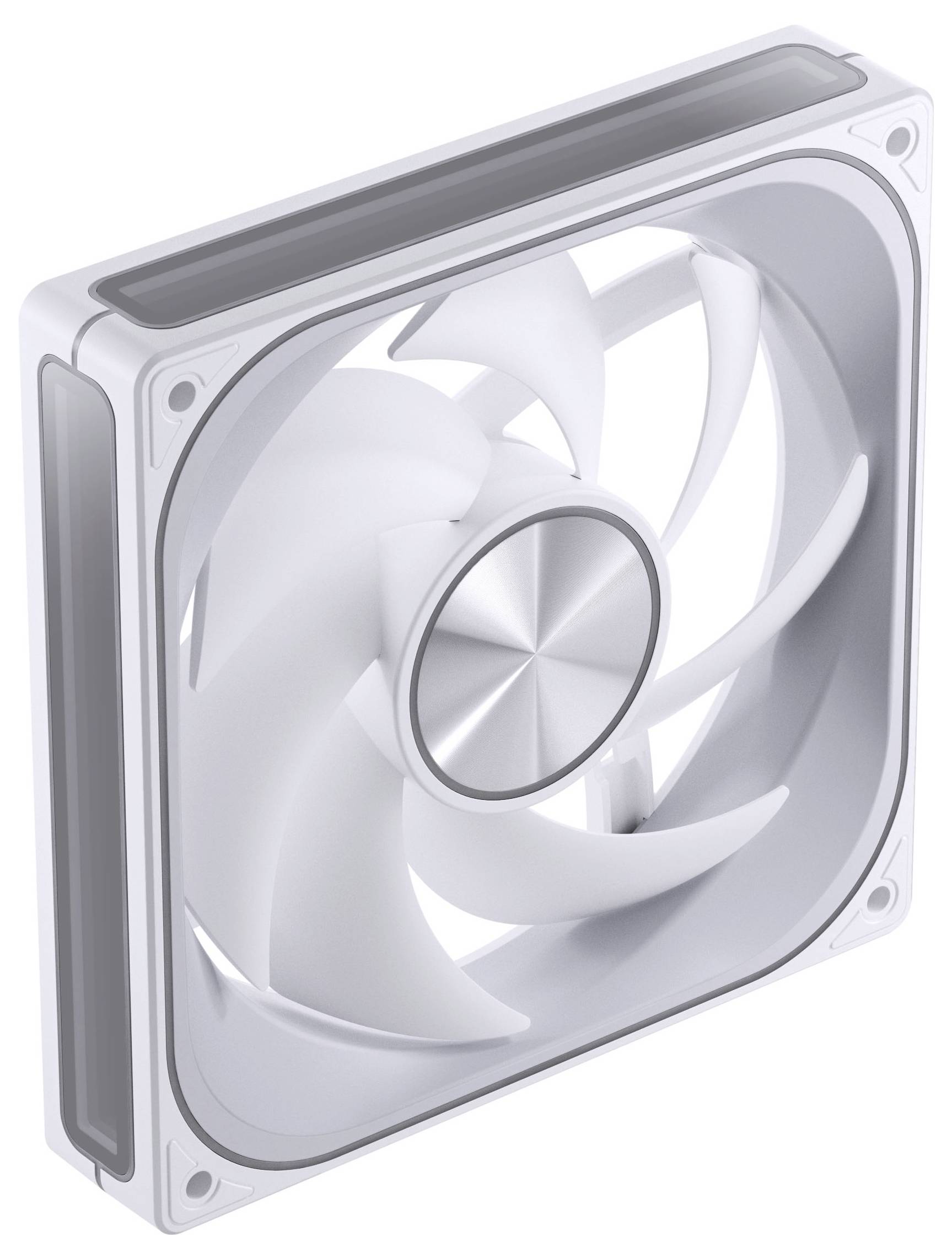 Ein weißer Computer-Kühlventilator mit schlankem Design, mehrere Schaufeln und eine metallische Mitte aufweisend, aus einem Winkel betrachtet.