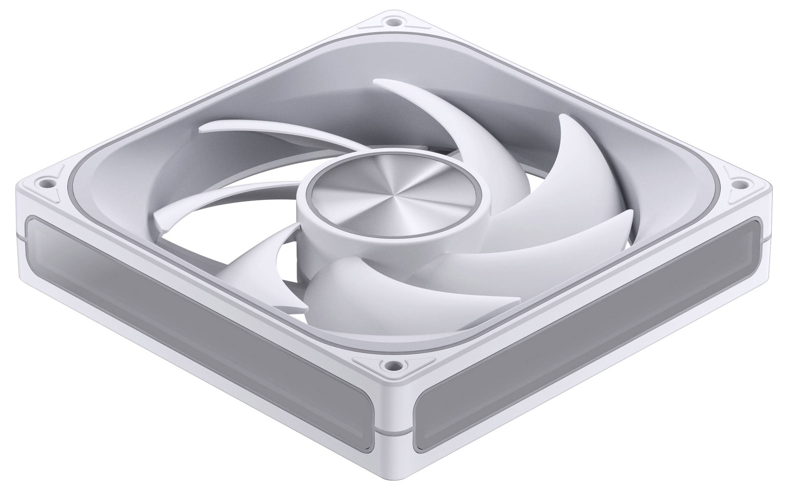 Ein weißer Computer-Kühlungslüfter mit sieben gekrümmten Blättern in einem quadratischen Rahmen, entworfen, um in einem Computergehäuse für Belüftung eingepasst zu werden.