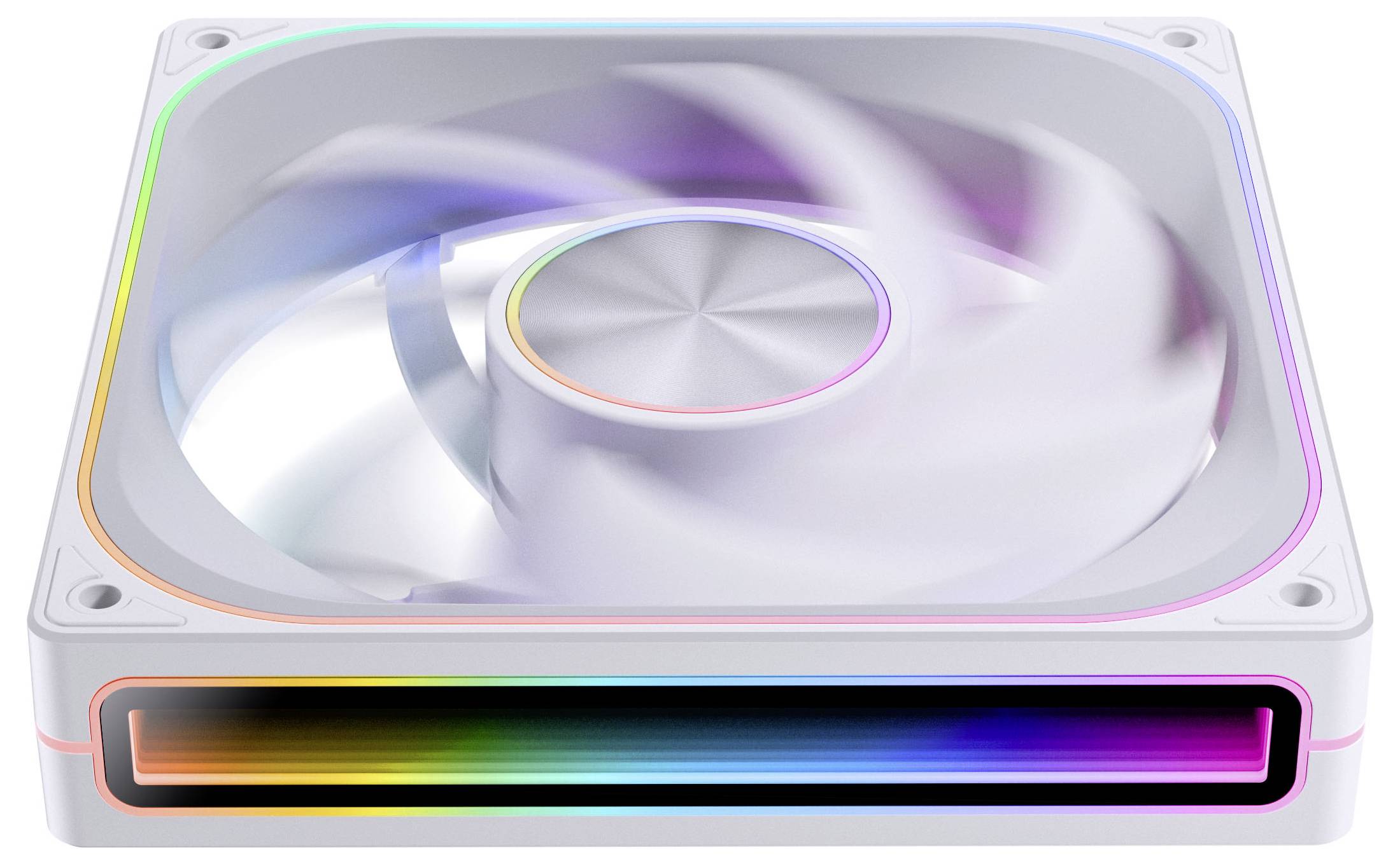 Ein Computerkühler mit RGB-Beleuchtung, der mit hoher Geschwindigkeit in einem weißen quadratischen Gehäuse dreht.