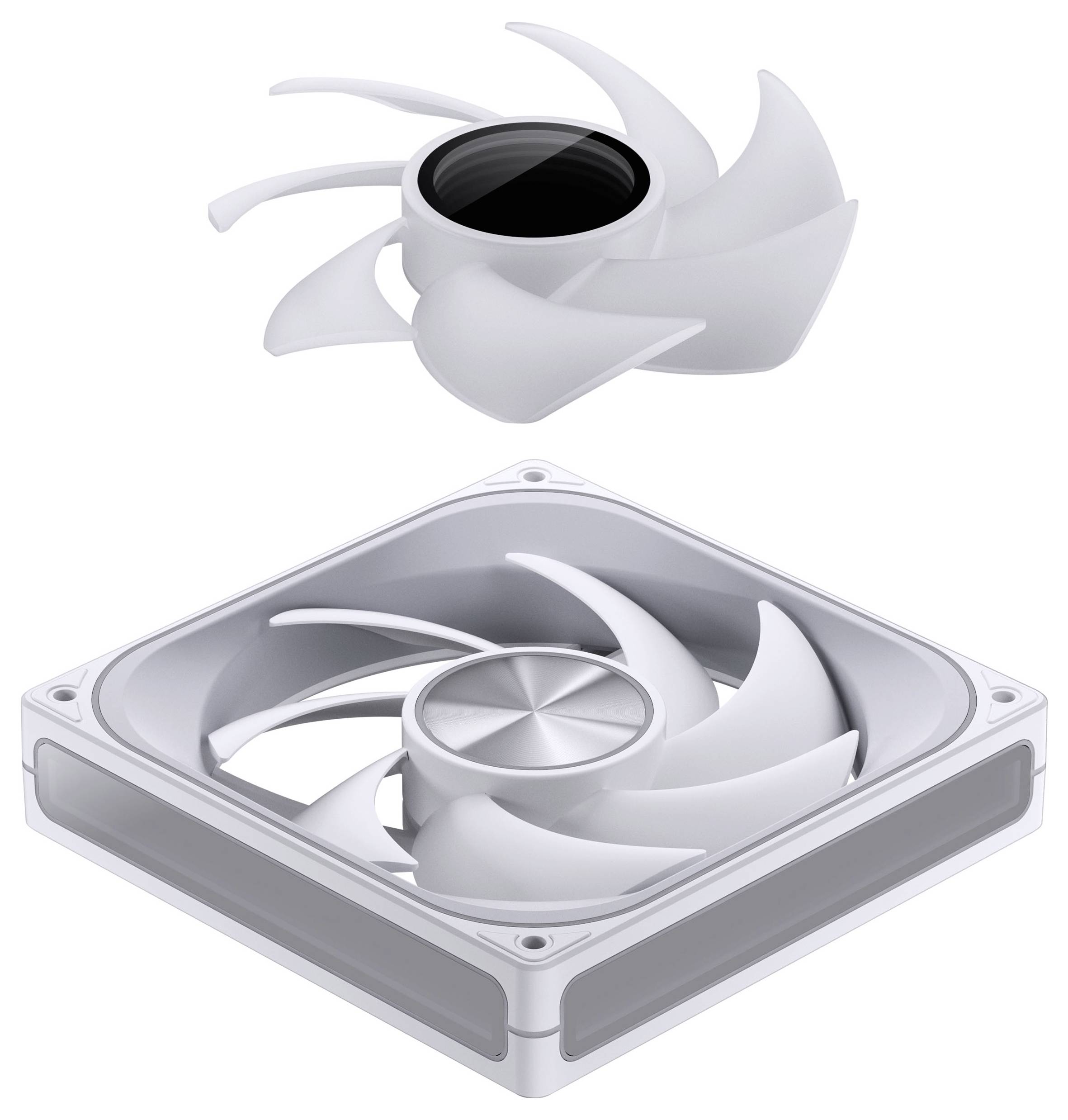 Ein Computerkühllüfter mit abgelöstem Schaufelrad, das sein modulares Design für einfache Wartung und Reinigung zeigt.