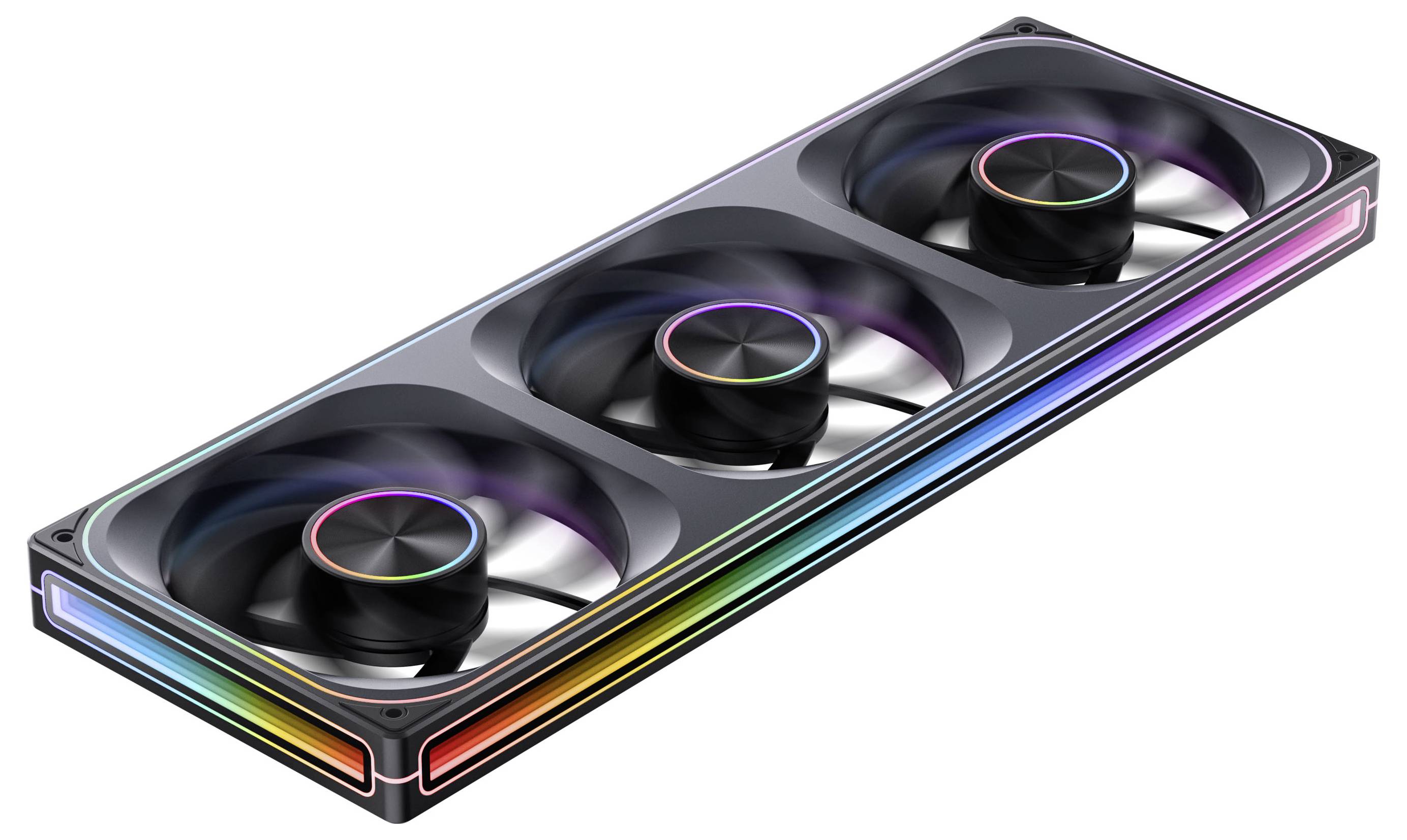 Ein Computerkühler mit drei RGB-beleuchteten Lüftern in einem rechteckigen Rahmen, konzipiert für verbesserten Luftstrom und ästhetischen Appeal.