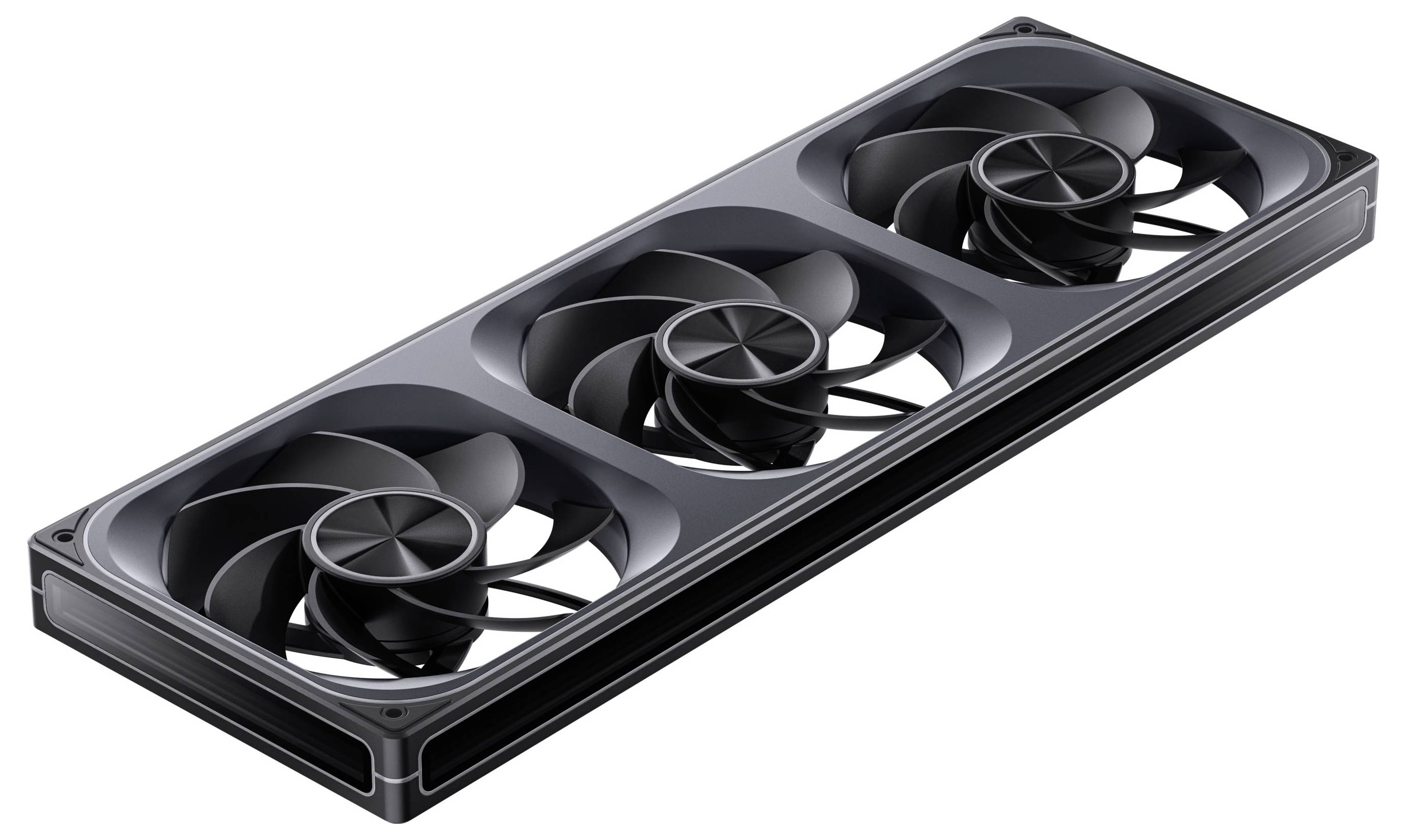Ein Triple-Lüfter-Kühlsystem für Computer mit schwarzen Blättern und elegantem Design, das zur Verbesserung der Luftzirkulation und Kühlung in PC-Hardware-Setups verwendet wird.