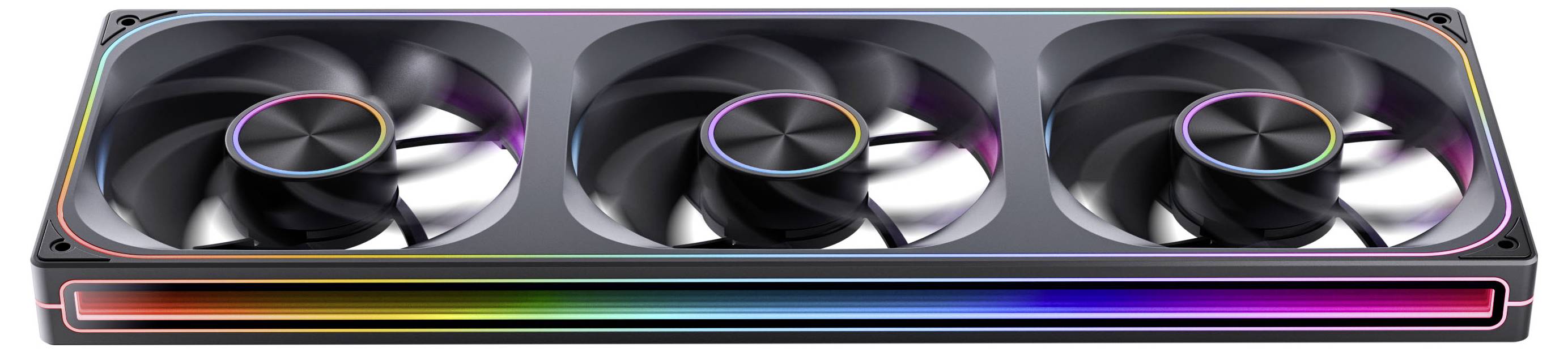 Ein kompaktes, minimalistisches Computergehäuse mit einer prominent platzierten großen Dual-Fan-GPU im Inneren, das ein schwarzes Metallgehäuse mit Holzakzenten aufweist.