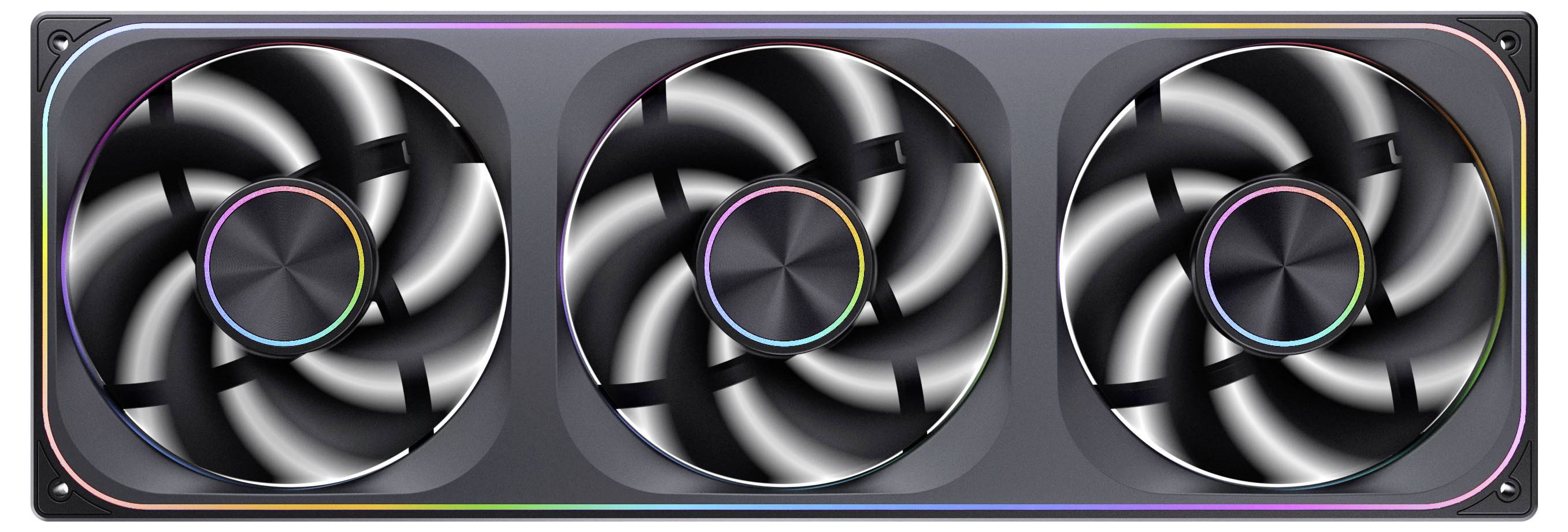 Ein rechteckiges Gerät mit drei großen Kühlventilatoren in einem schlanken Rahmen mit RGB-Beleuchtung, typischerweise für High-Performance-Computing verwendet.