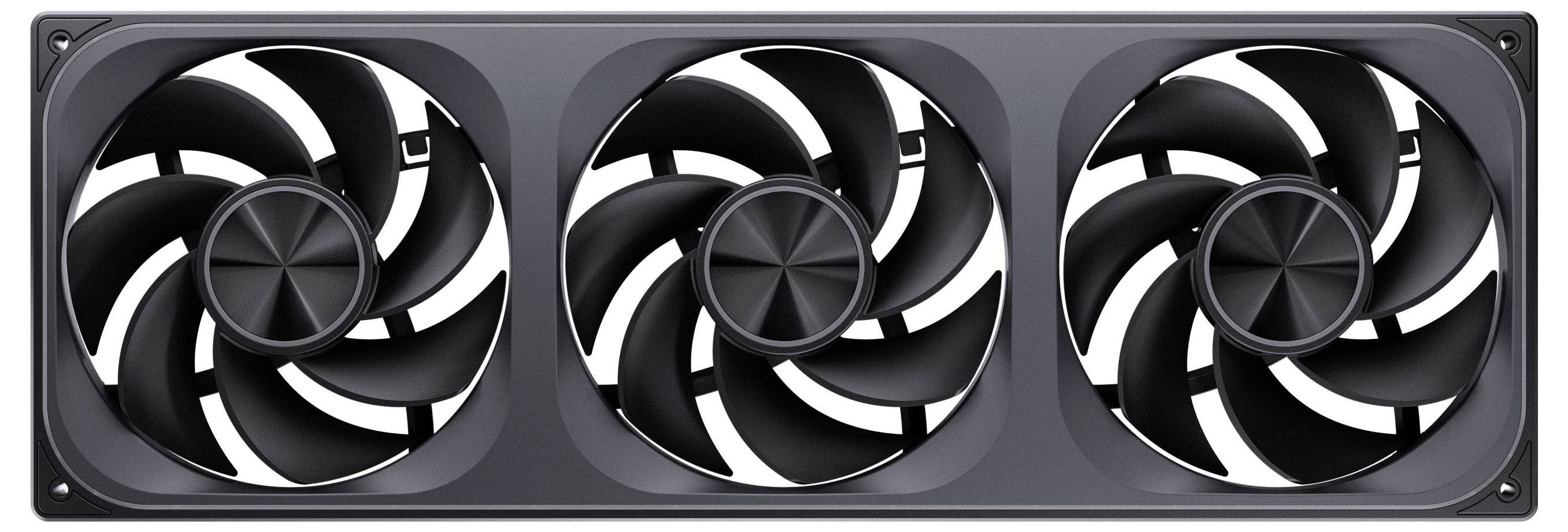 Drei schwarze Computer-Kühlventilatoren, die in einem grauen rechteckigen Rahmen montiert sind, entwickelt für optimalen Luftstrom und Wärmeableitung.