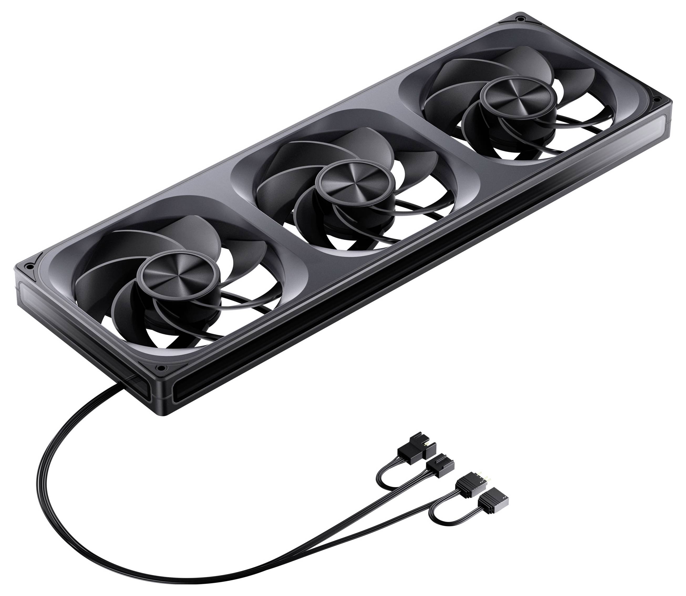 Ein schwarzer Computergehäuselüfter mit drei Kühlflügeln und zwei angeschlossenen Kabeln, entwickelt für effektive Belüftung in Computersystemen.