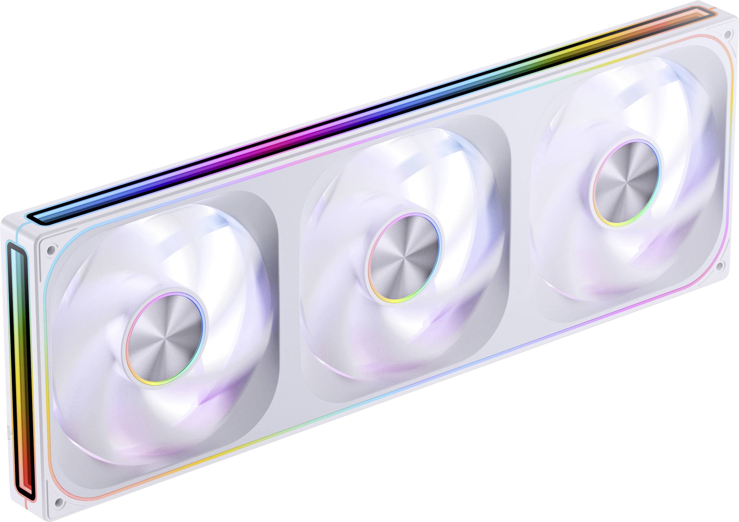 Ein rechteckiger RGB-Computer-Lüfter-Kühler mit drei Lüftern und mehrfarbiger Beleuchtung, entwickelt um Computerkomponenten effizient zu kühlen.