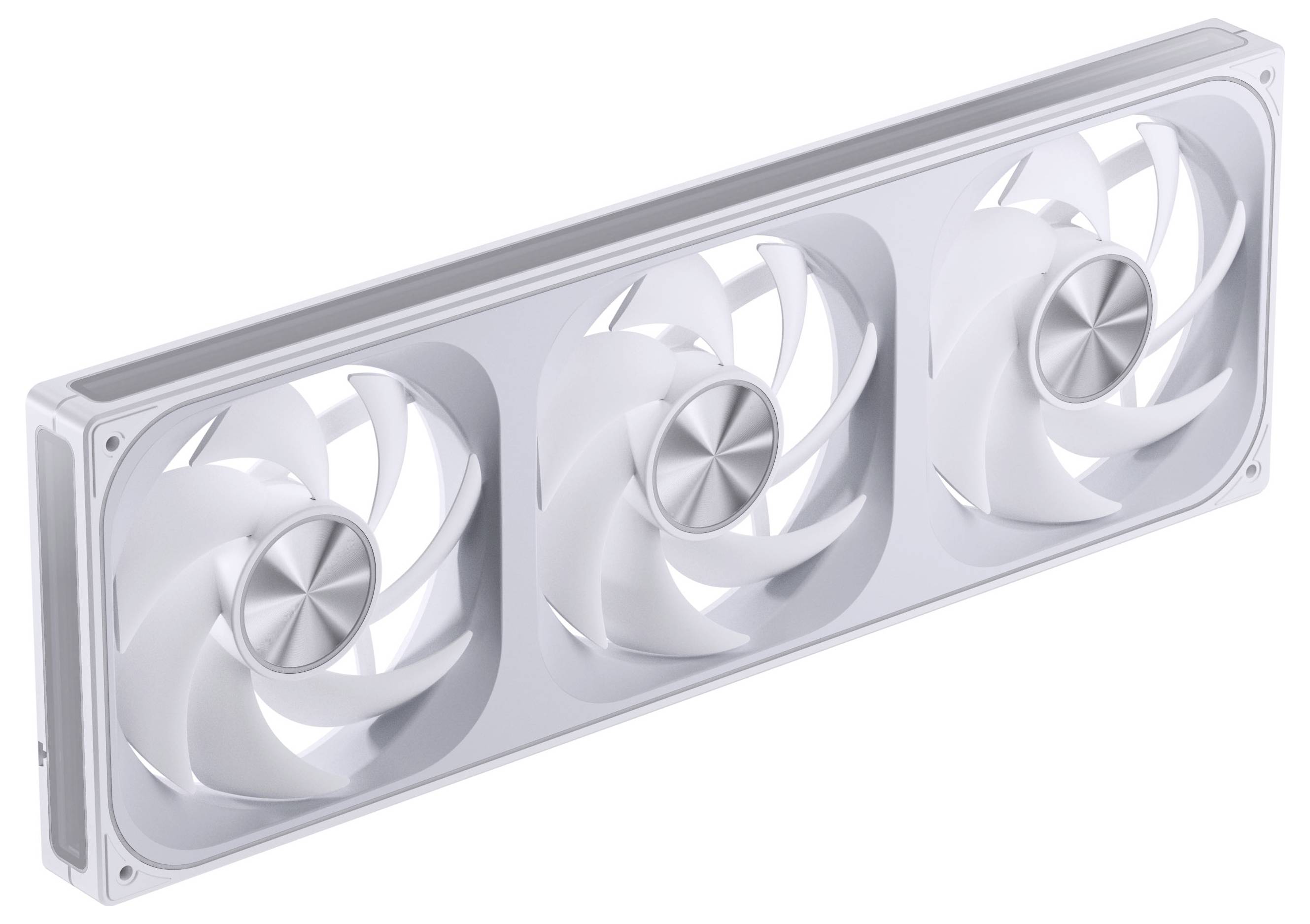 Weißes Computerkühlesystem mit drei rotierenden Lüftern in einem rechteckigen Rahmen, entwickelt für effiziente Wärmeableitung und Luftstrom.