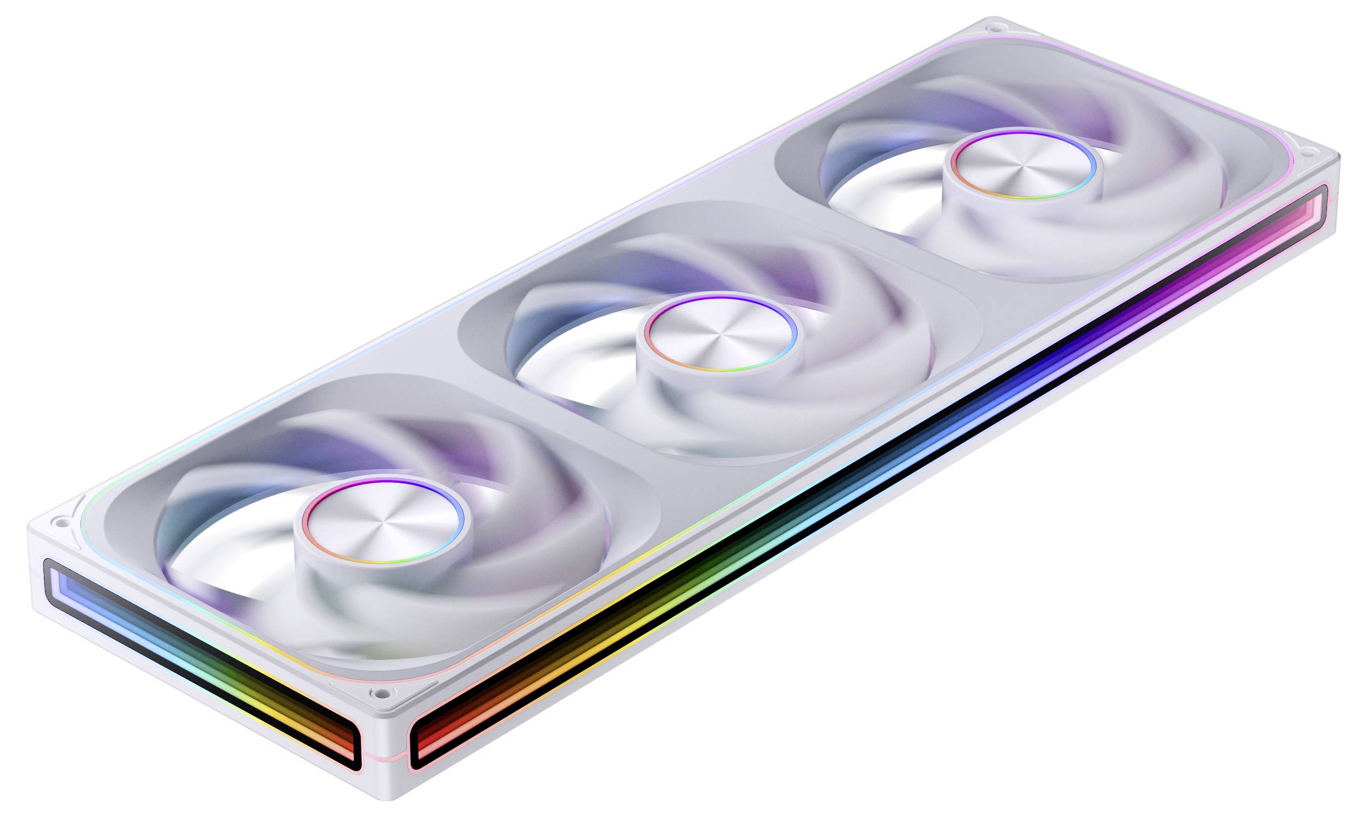 Ein weißes Computerkühlanlagensystem mit drei großen Lüftern, mit RGB-Beleuchtung an den Kanten und in den Lüftermitten.
