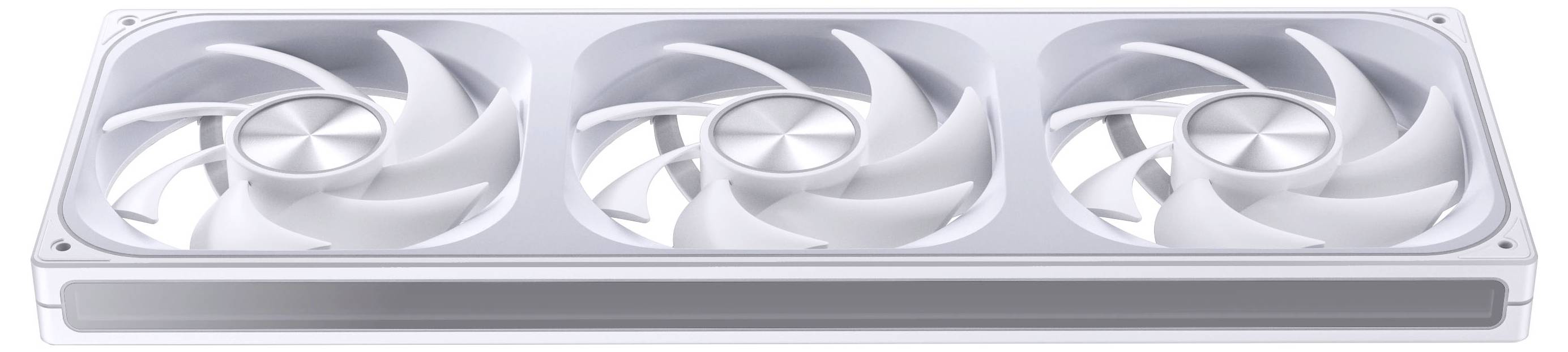 Ein weißes Computer-Kühlsystem mit drei sichtbaren Lüftern, das für Belüftung und Wärmeverwaltung in elektronischen Geräten entwickelt wurde.