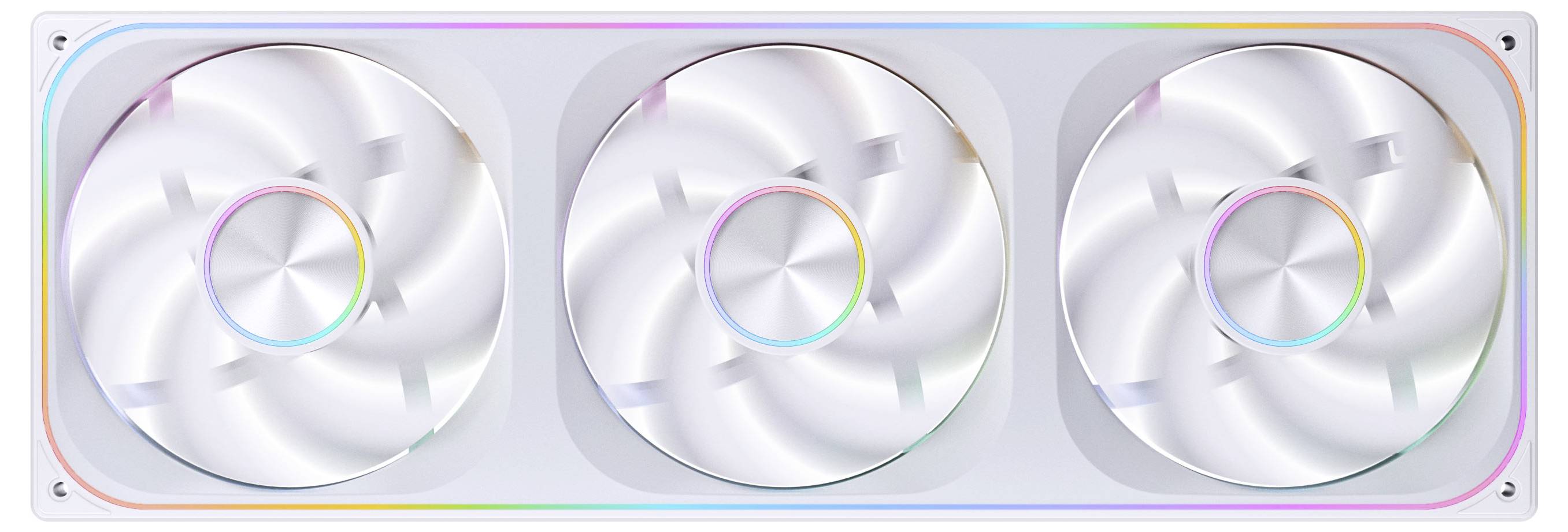 Eine rechteckige Computerkühler-Lüfteranordnung mit drei kreisförmigen Lüftern und RGB-Beleuchtung entlang der Kanten.