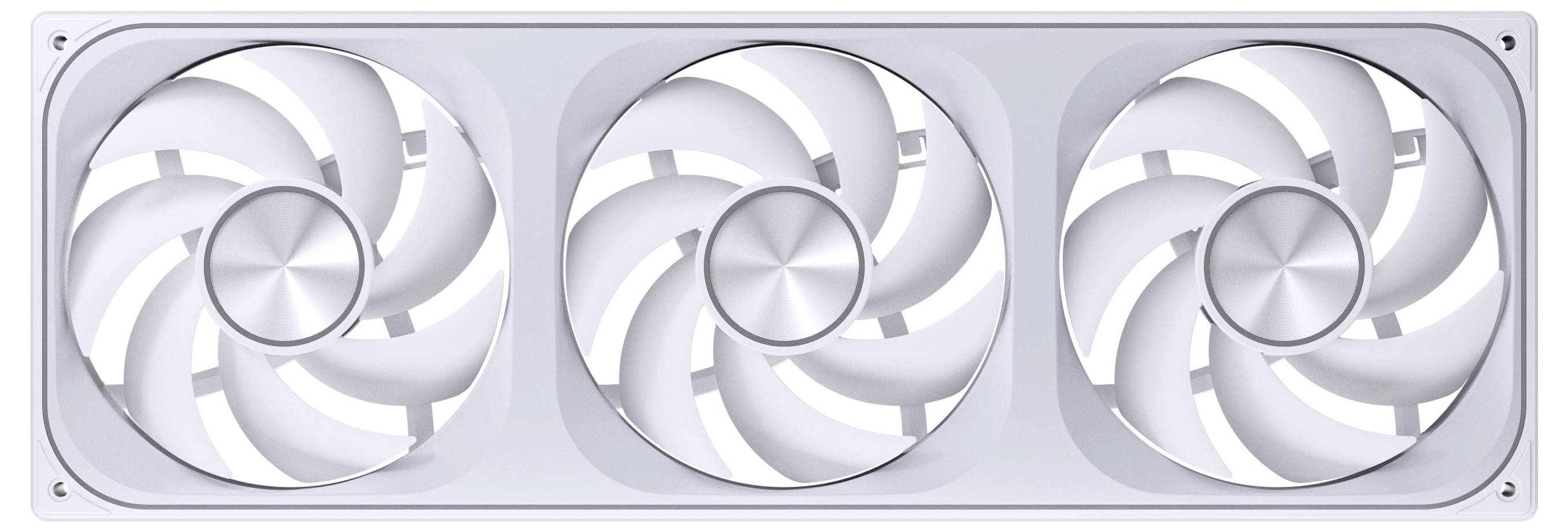 Ein weißes Computerkühlesystem mit drei großen Lüftern, die horizontal ausgerichtet sind und zum effizienten Wärmeableitungsystem von Komponenten konstruiert wurden.