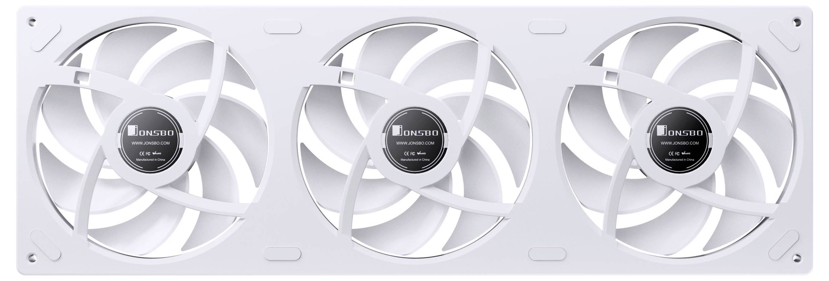 Drei weiße Computerkühllüfter auf einer rechteckigen Platte montiert, gleichmäßig verteilt, mit Markenlogos zentral auf jedem Lüfter angebracht.