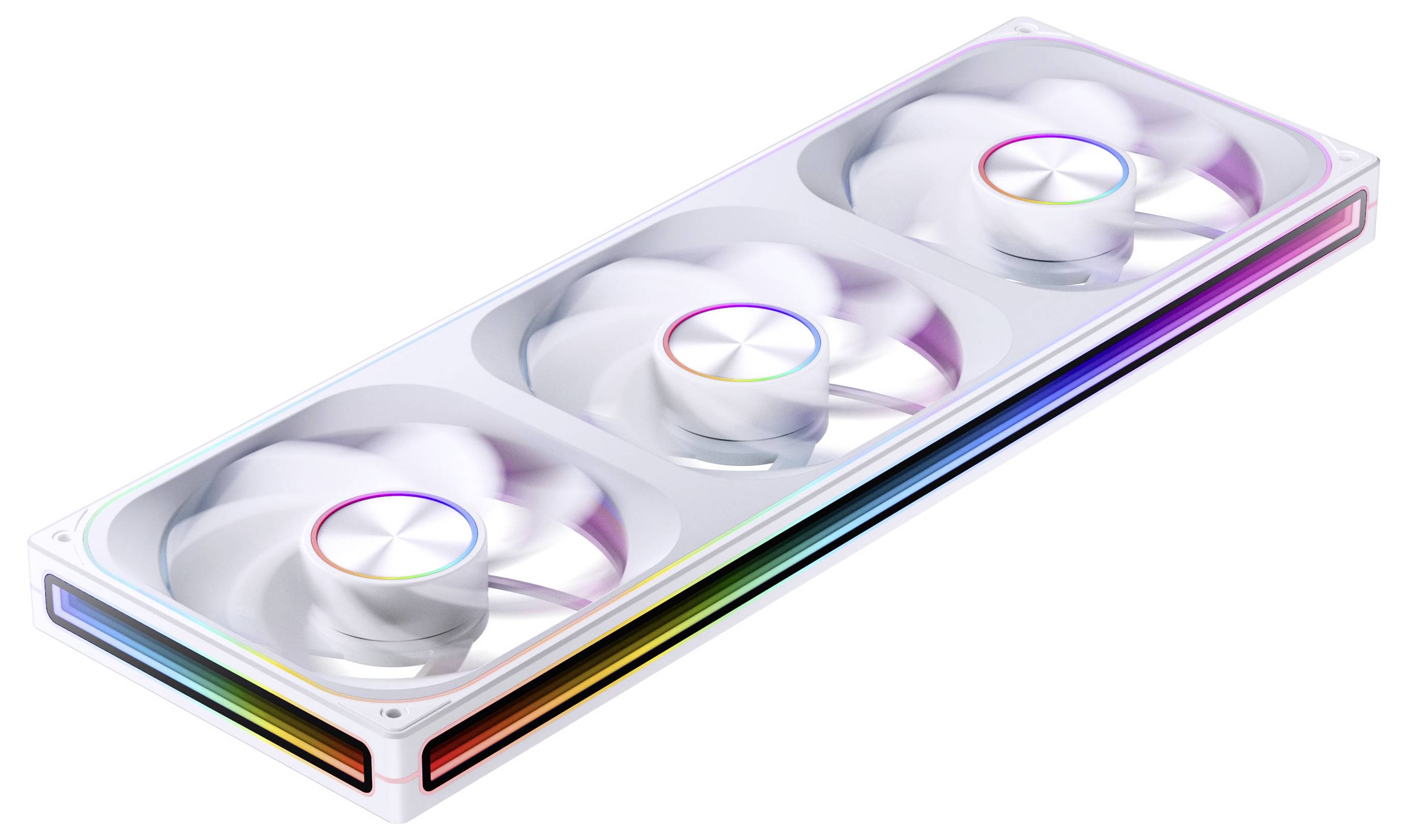 Eine weiße Computer-Kühleinheit mit drei großen RGB-beleuchteten Lüftern, die in einer Reihe angeordnet sind, in einem eleganten rechteckigen Gehäuse.