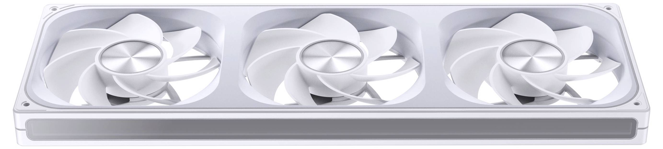 Ein elegantes, weißes Kühlsystem mit drei Lüftern, das für Computerhardware entwickelt wurde und sein modernes Design sowie die effiziente Luftstromeinrichtung zur Schau stellt.