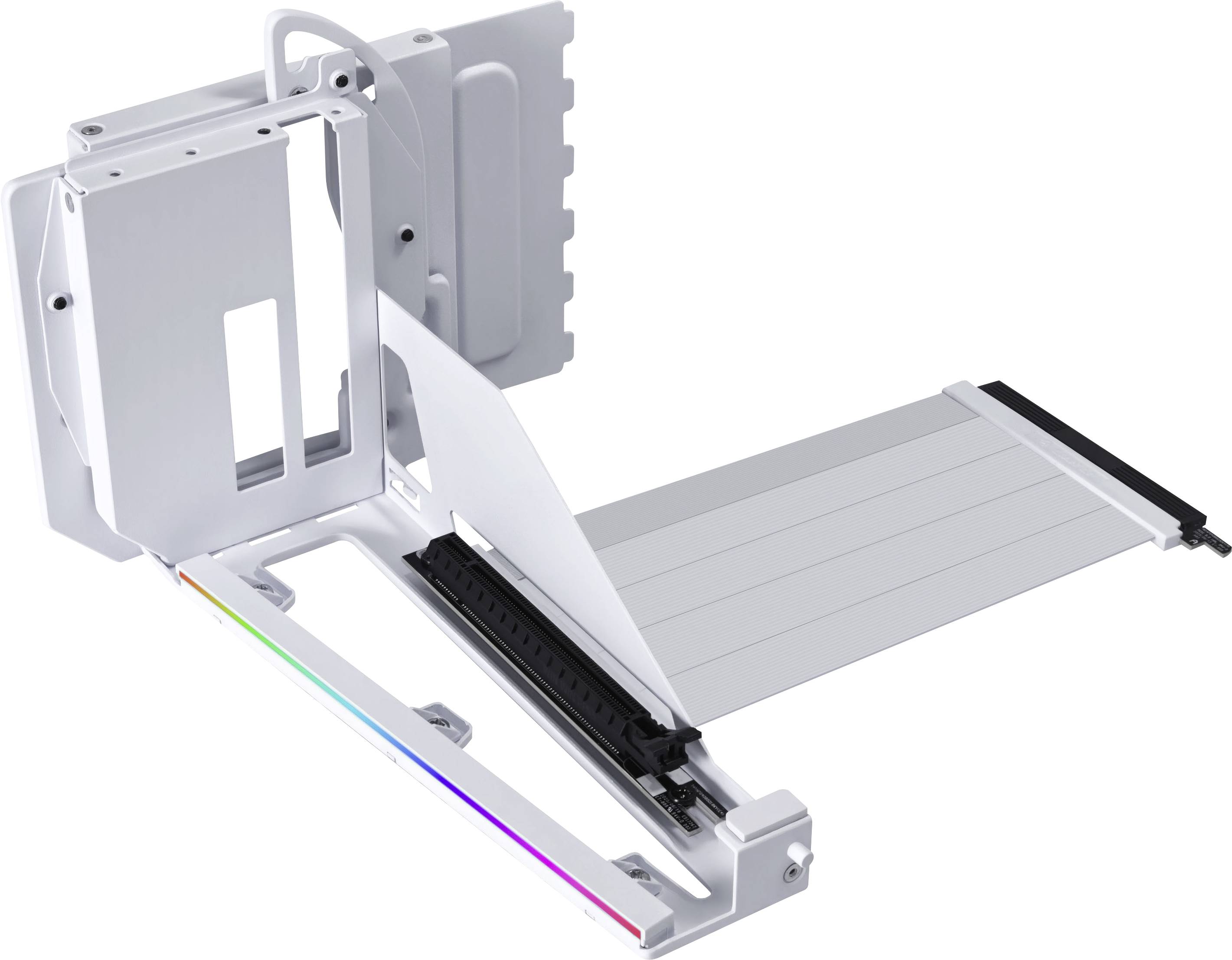 Eine weiße Grafikkarten-Stützhalterung mit RGB-Leuchtstreifen und verstellbarem Stützarm, die zum Stabilisieren und Präsentieren von Grafikkarten in einem Computergehäuse entwickelt wurde.