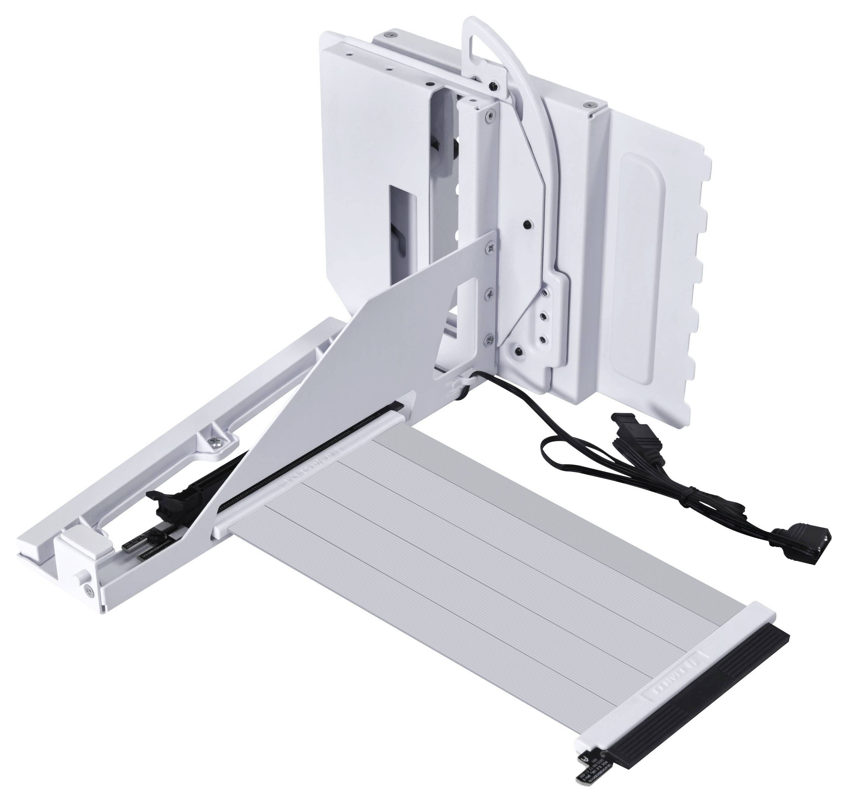 Ein offenes weißes Desktop-PC-Gehäuse mit sichtbarem internem Kabelmanagement, das Platz für Komponenten und Luftstromdesign demonstriert.