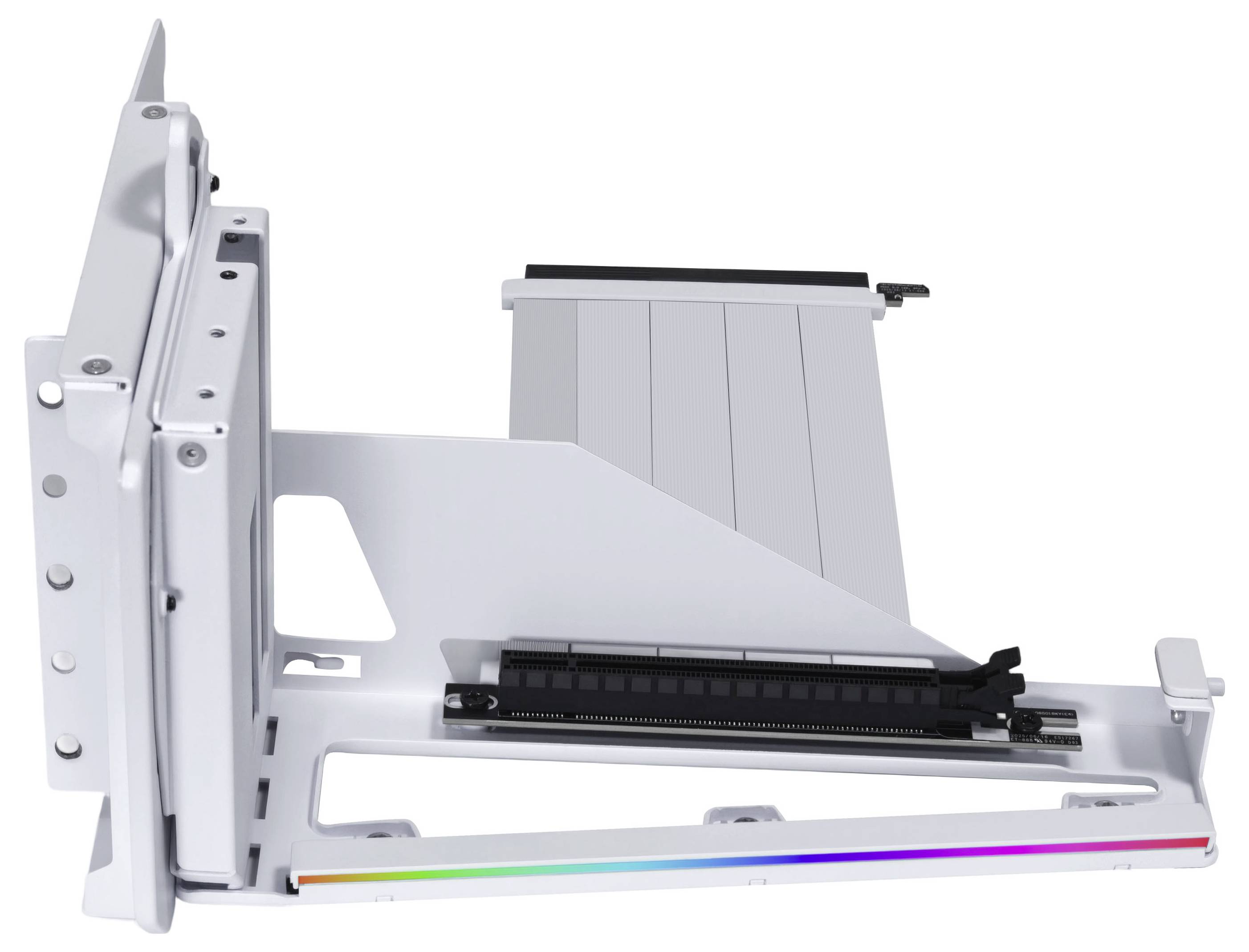 Ein Grafikkartenhalter zur vertikalen Montage in Silberfinish mit verstellbarem Stützhalter, entwickelt zur Verbesserung der PC-Ästhetik und Luftzirkulation.