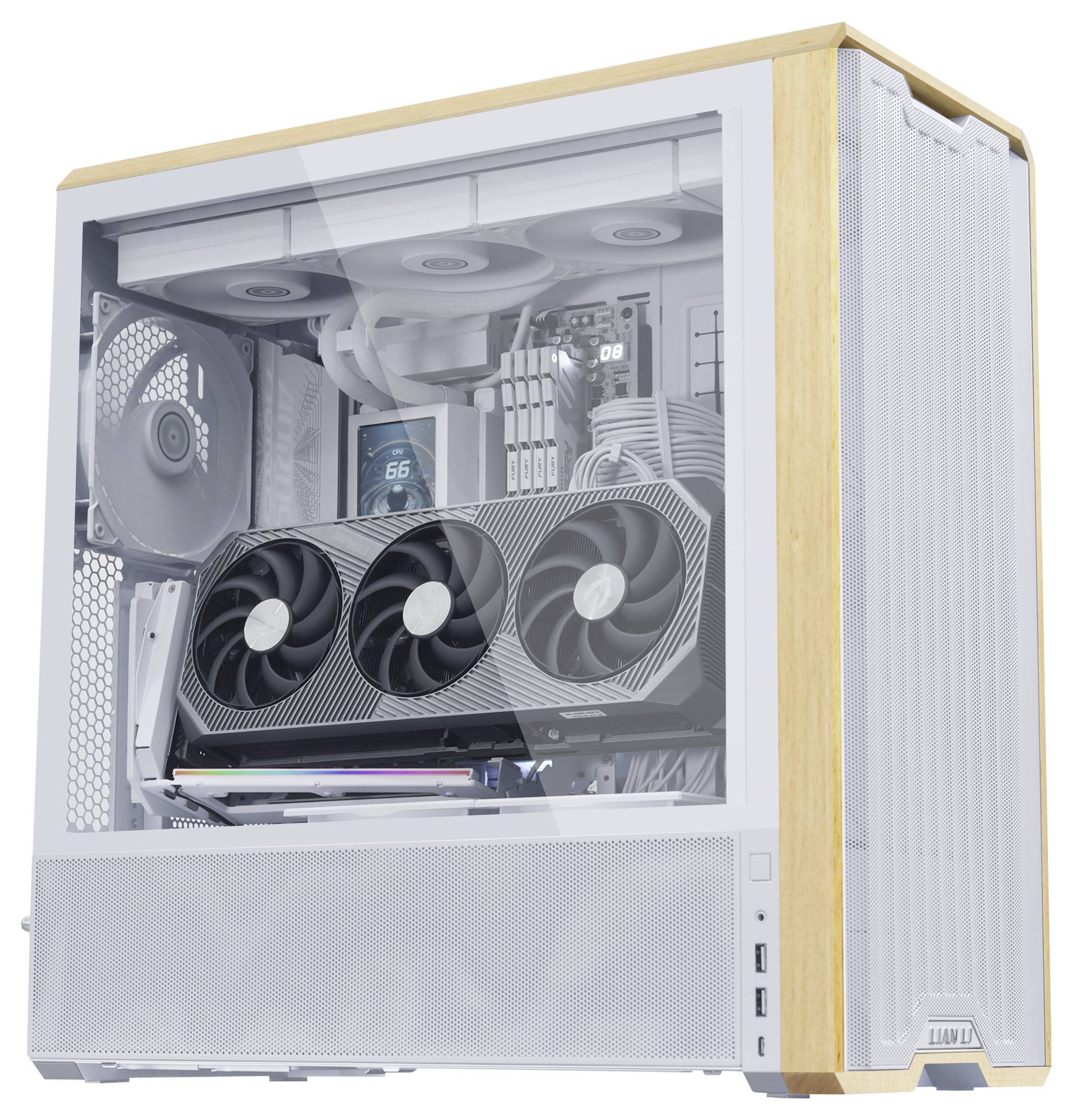 Mid-Tower-PC-Gehäuse mit Glasseitenpanel, das interne Komponenten zeigt, einschließlich Kühlventilatoren und Grafikkarte; das Design weist helle Holzakzente auf.