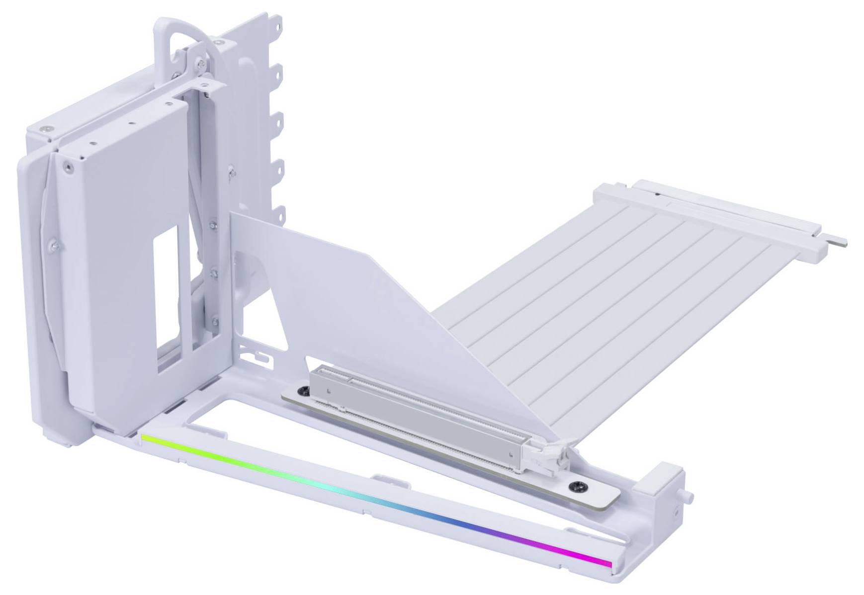 Weiße mechanische Komponente mit einem Faltarm und regenbogenfarbenem Streifen auf der Basis, möglicherweise ein Teil eines modularen Systems oder einer Vorrichtung.