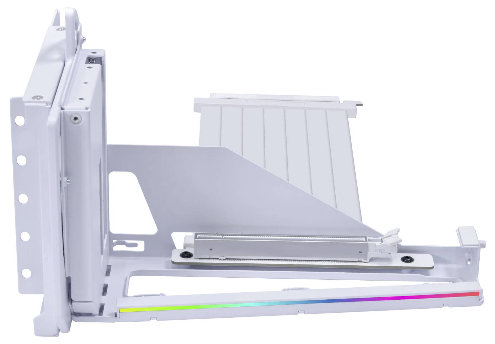 Ein weiße Hardware-Montageklammer mit rechteckigem Design, mit einer horizontalen Basis und einer vertikalen Stütze; mit einer kleinen Nut.