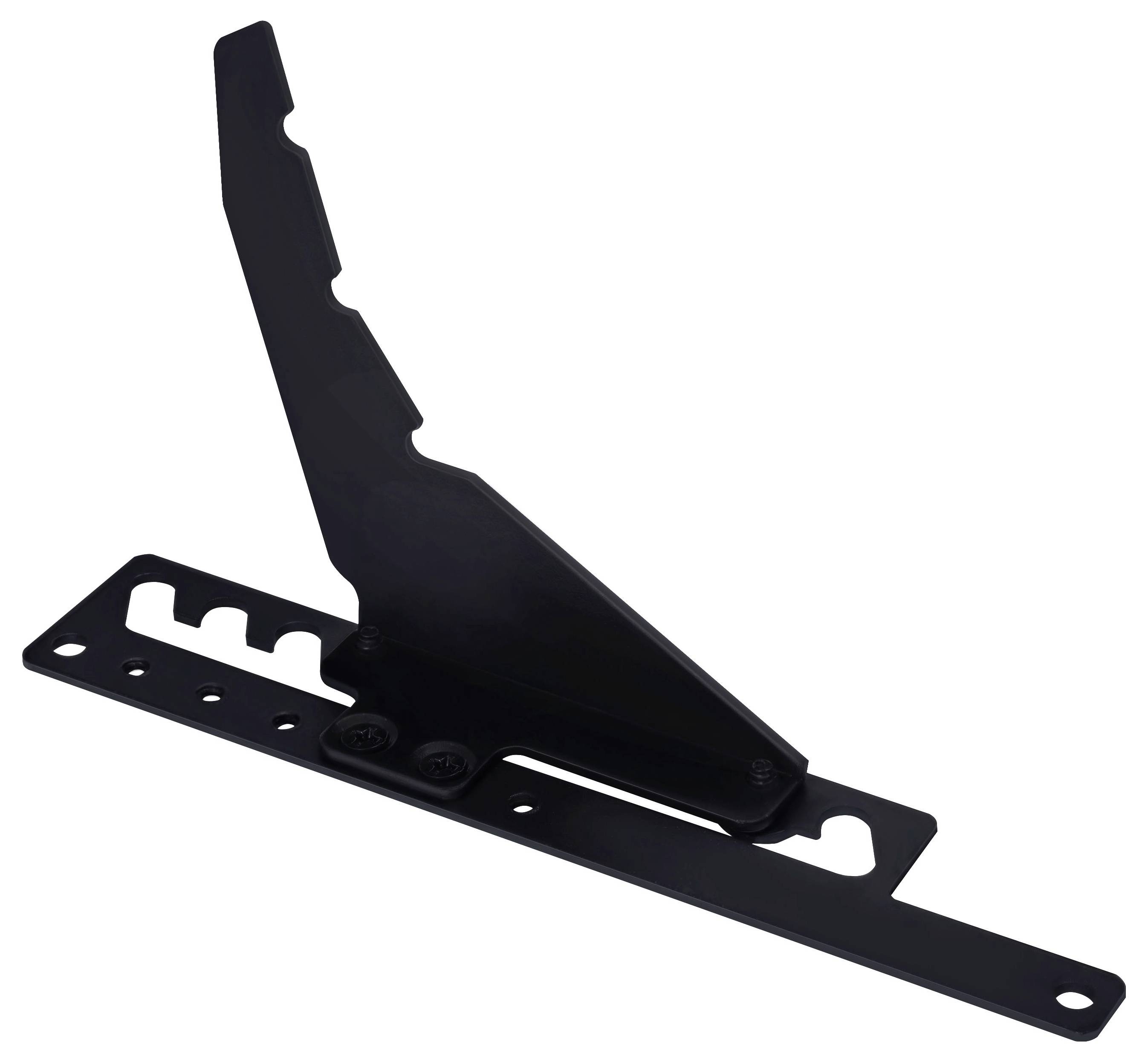 Eine schwarze Metallhalterung mit mehreren Löchern und einer flügelartigen Erweiterung ist abgebildet, die vermutlich zum Unterstützen oder Sichern von Objekten verwendet wird.