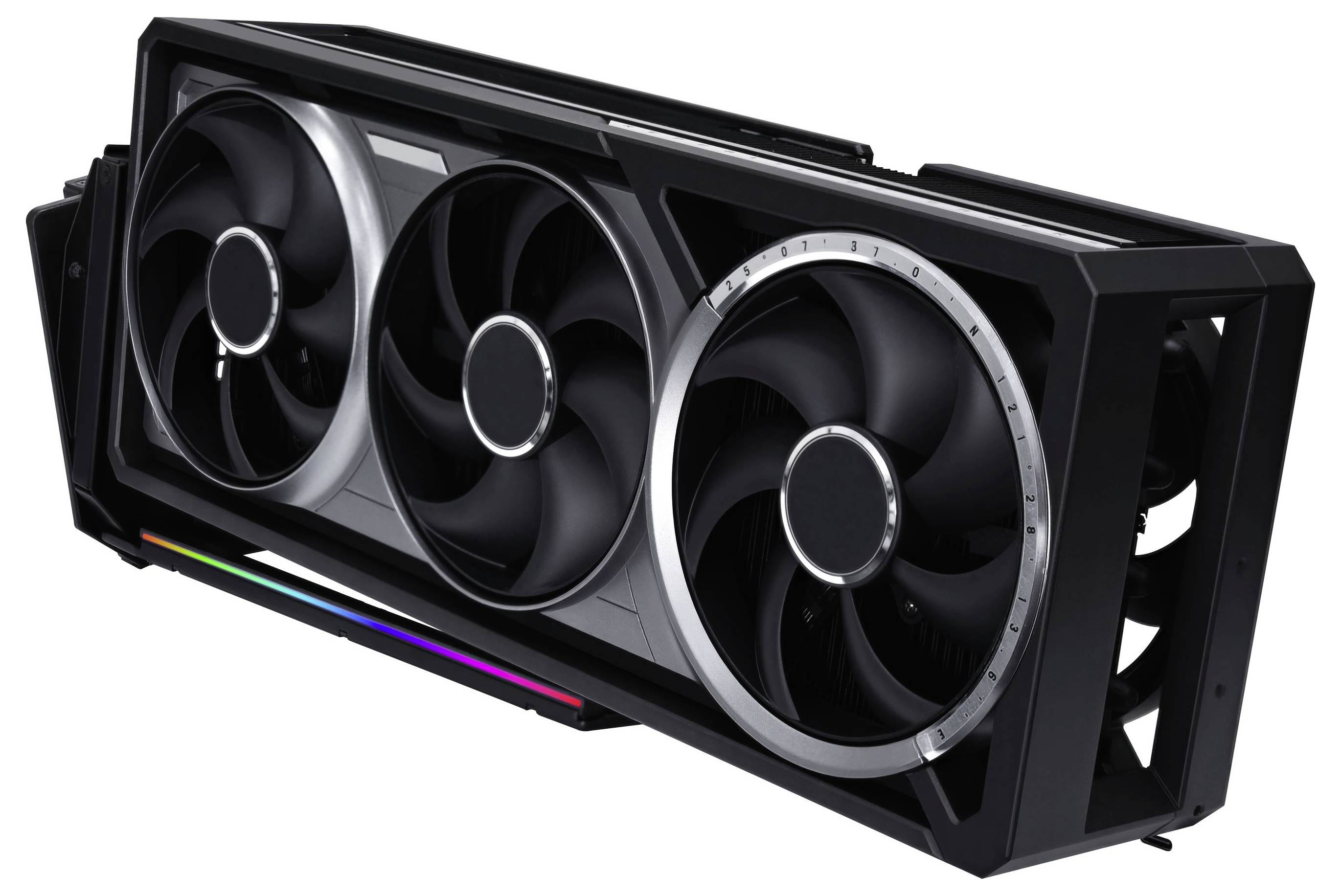 Hochleistungs-Grafikkarte mit drei großen Kühlventilatoren und RGB-Beleuchtung.