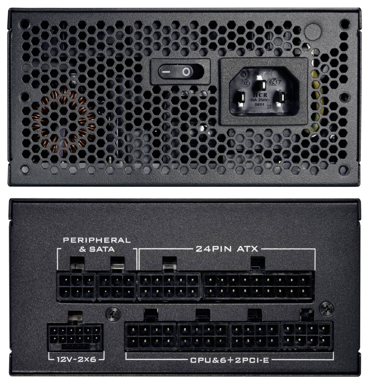 Das Bild zeigt die Rück- und Seitenpaneele einer Stromversorgungseinheit für Computer mit mehreren Anschlussanschlüssen und einem Netzschalter.